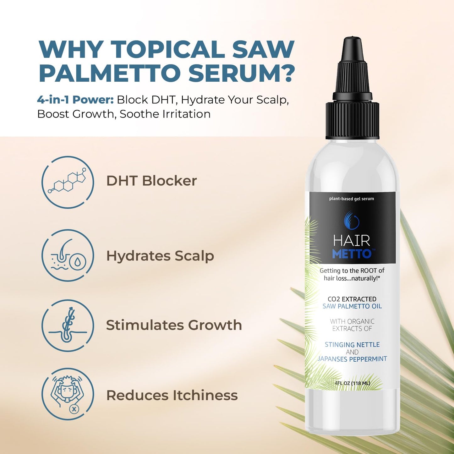 HAIRMETTO Saw Palmetto Extract Serum for Hair Loss, Hair Growth Serum with Stinging Nettle, Rosemary Oils and Peppermint Scent, Hair Serum for Men and Women - 4oz (118ml)
