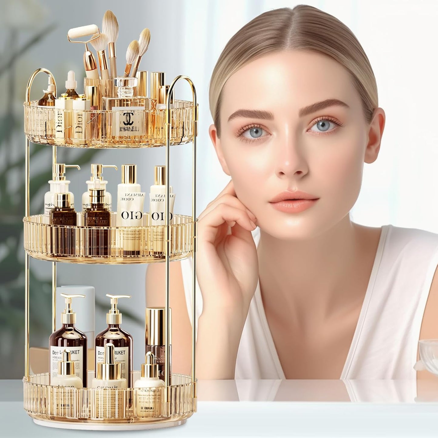360° Rotating Makeup Organizer, Large-Capacity Skincare Make Up Storage 3 Tier Perfume Organizers Cosmetic Dresser Organizer with Makeup Brush Holder, Fits Bedroom, Bathroom, Vanity Shelf Countertop
