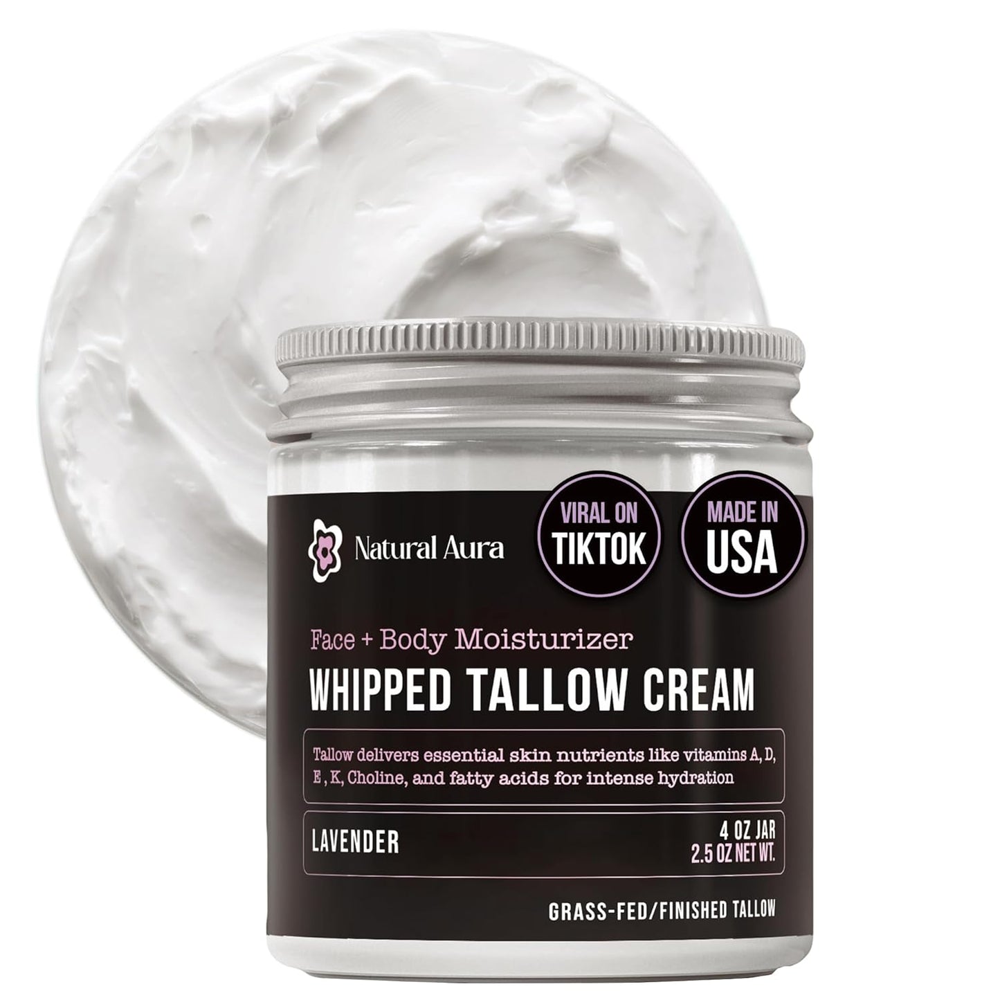 Whipped Beef Tallow for Skin - Face + Body Moisturizer, 100% Grass Fed Grass Finished Tallow and Honey Balm for Dry Skin - Natural Lotion - Free of Harsh Chemicals - 4oz, (Lavender)
