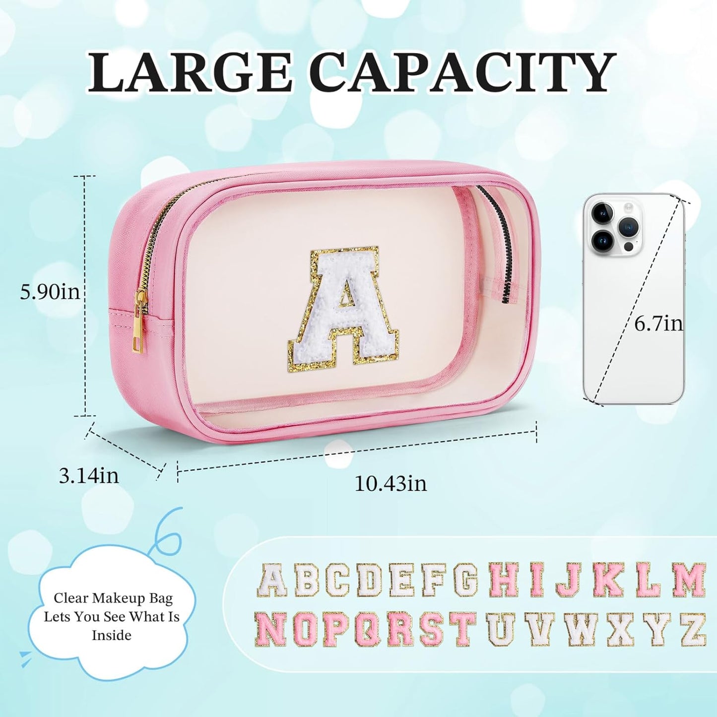 YOOLIFE Travel Toiletry Bag for Women, Pink Clear Makeup Bag Cute Make Up Bag for Women Cosmetic Bags Skin Care Makeup Bag Organizer Birthday Gifts for Women Teacher Mother Girlfriend Initial T