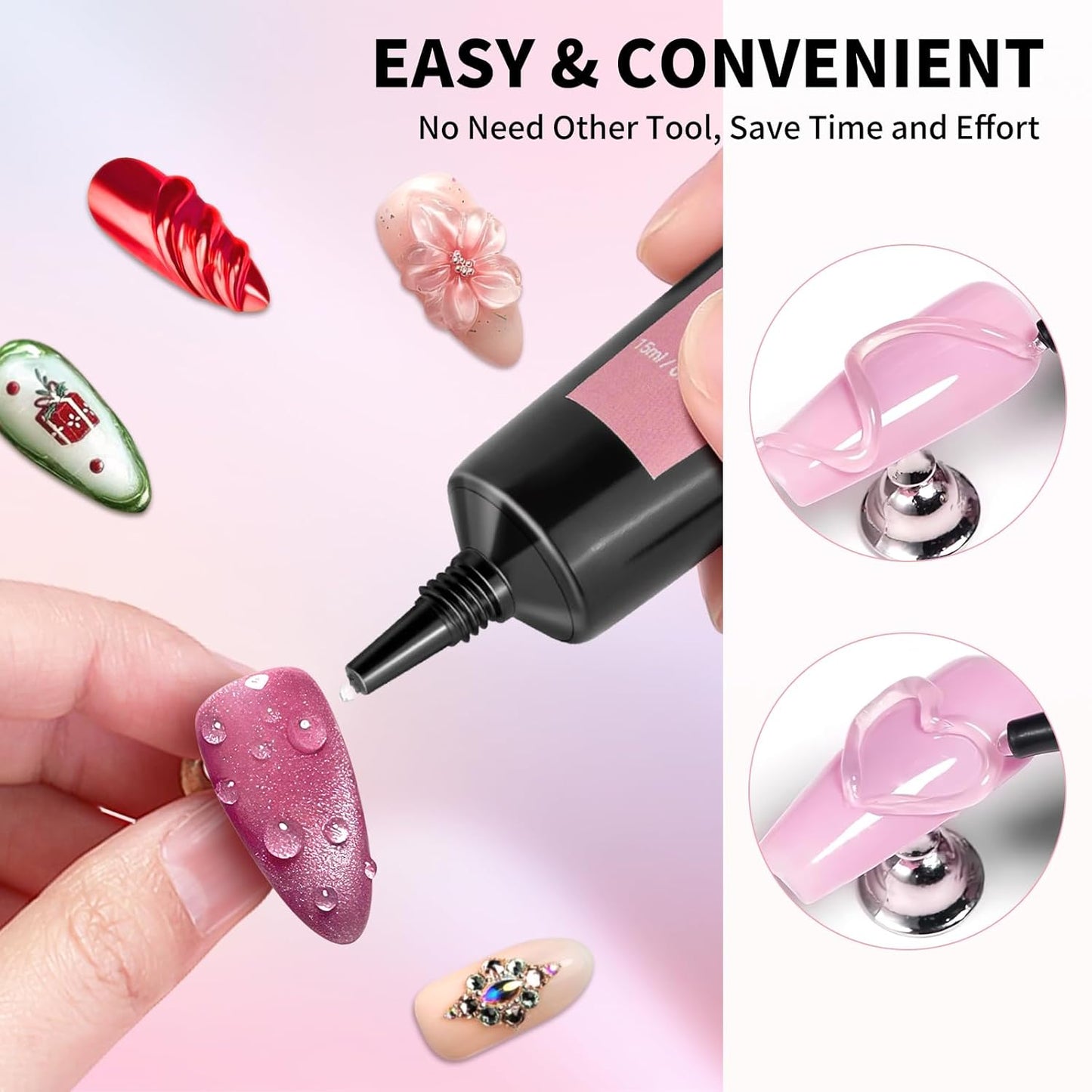 DRMODE 3D Nail Gel and Chrome Nail Powder Kit, Christmas Red Green Metallic Mirror Nail Chrome Powder Glitter, 3 in 1 No Wipe Clear 3D Sculpting Gel for Nail Art Carving Molding Rhinestone Glue 15g