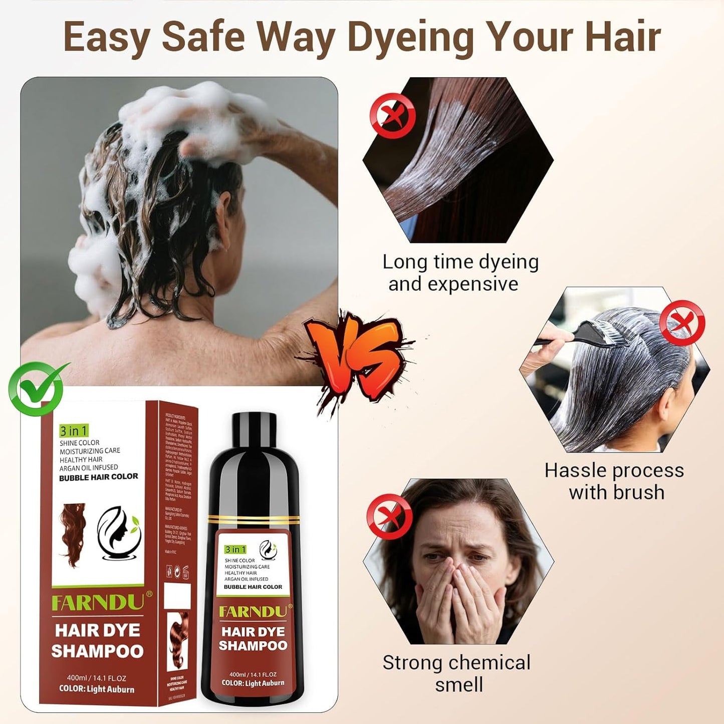 Light Auburn Hair Dye Shampoo for Women Men Gray Hair Coverage and Herbal Ingredients 3 In 1 Hair Color Shampoo