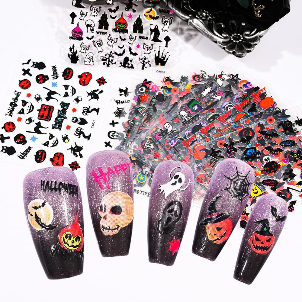 30 Sheets Halloween Nail Stickers Pumpkin Ghost Face Nail Charms Decals 3D Self Adhesive Spider Web Cat Bat Manicure Art Sticker for Acrylic Nails DIY Decorations