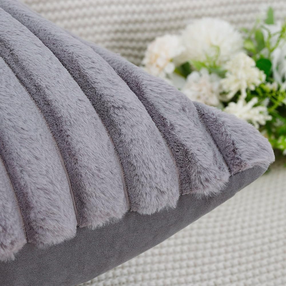 MADIZZ Set of 2 Faux Wool Plush Decorative Throw Pillow Covers 22x22 Inch Grey Fluffy Striped Soft Decorative Cushion Cover for Sofa Bedroom Pillow Shell