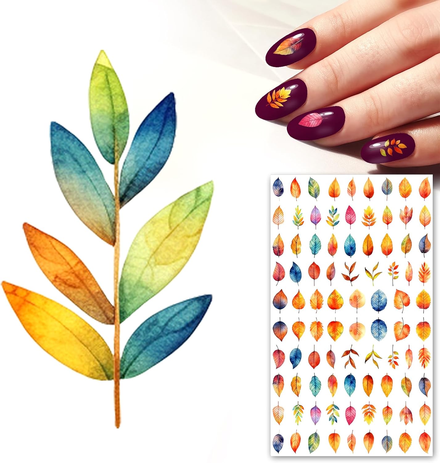 Nail Stickers Decals (5 Sheets) FLONZNAIL Amazing Watercolour Rainbow Leaves Vintage Styled Nail Decor