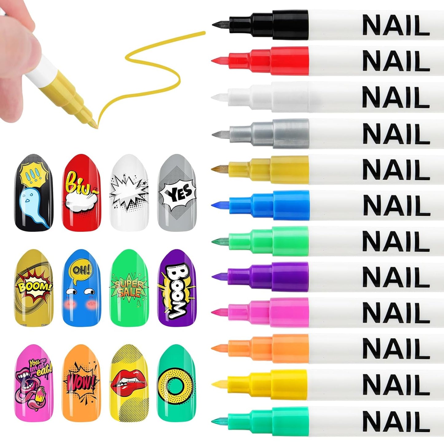 Kalolary 12 Color 0.7MM Nail Art Pens Set, 3D Nail Polish Pens Nail Point Graffiti Dotting Pen Drawing Painting Liner Brush for DIY Nail Art Beauty Adorn Manicure Tools
