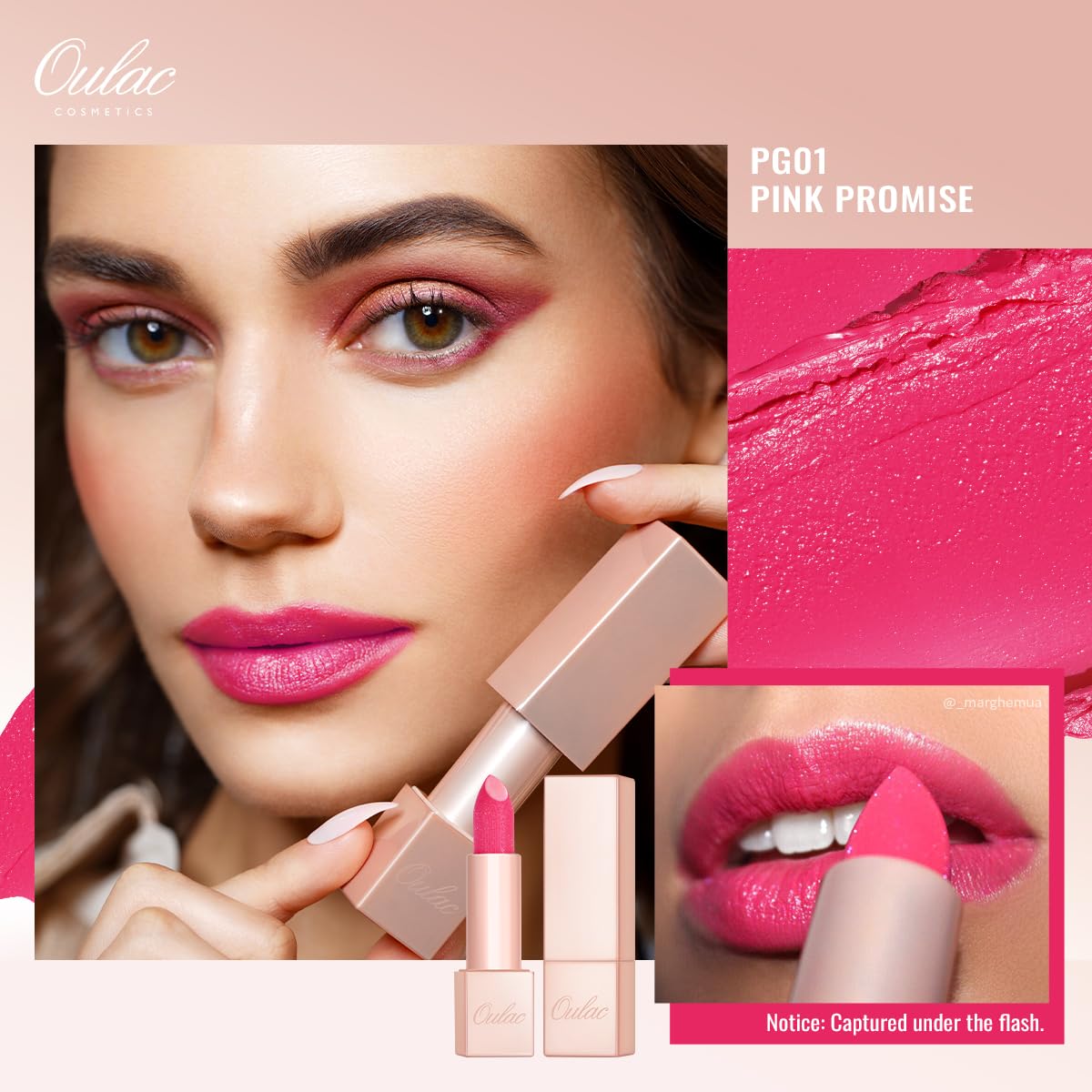Oulac Hot Pink Lipstick for Women - Moisture-Rich Lip Balm with Shiny Surface, Creamy Lip Color Lightweight Texture, Vegan Beauty Medium Coverage Lip Makeup, PG01 Pink Promise
