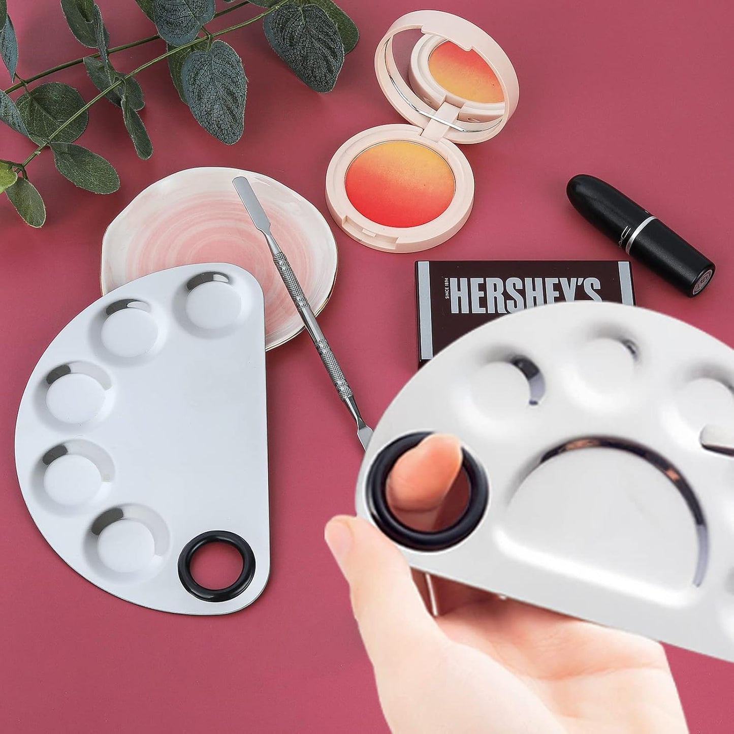 Makeup Mixing Palette, Premium Stainless Steel Cosmetic Makeup Palette with Spatula Tool, Nail-art Cosmetic Palette for Mixing Cosmetic/Nail Polish/Pigment (Semicircle)