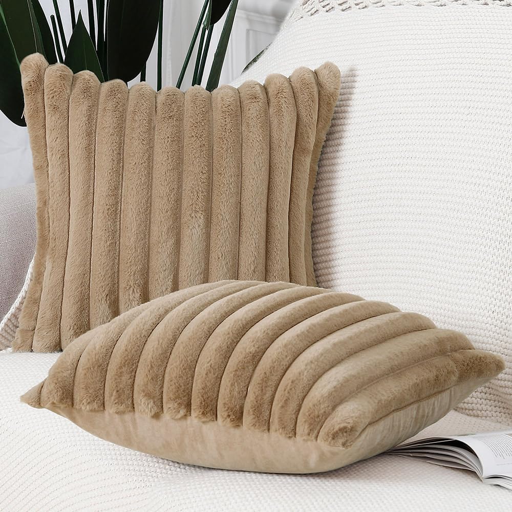 MADIZZ Set of 2 Faux Wool Plush Decorative Throw Pillow Covers 20x20 Inch Brown Fluffy Striped Soft Decorative Cushion Cover for Sofa Bedroom Pillow Shell