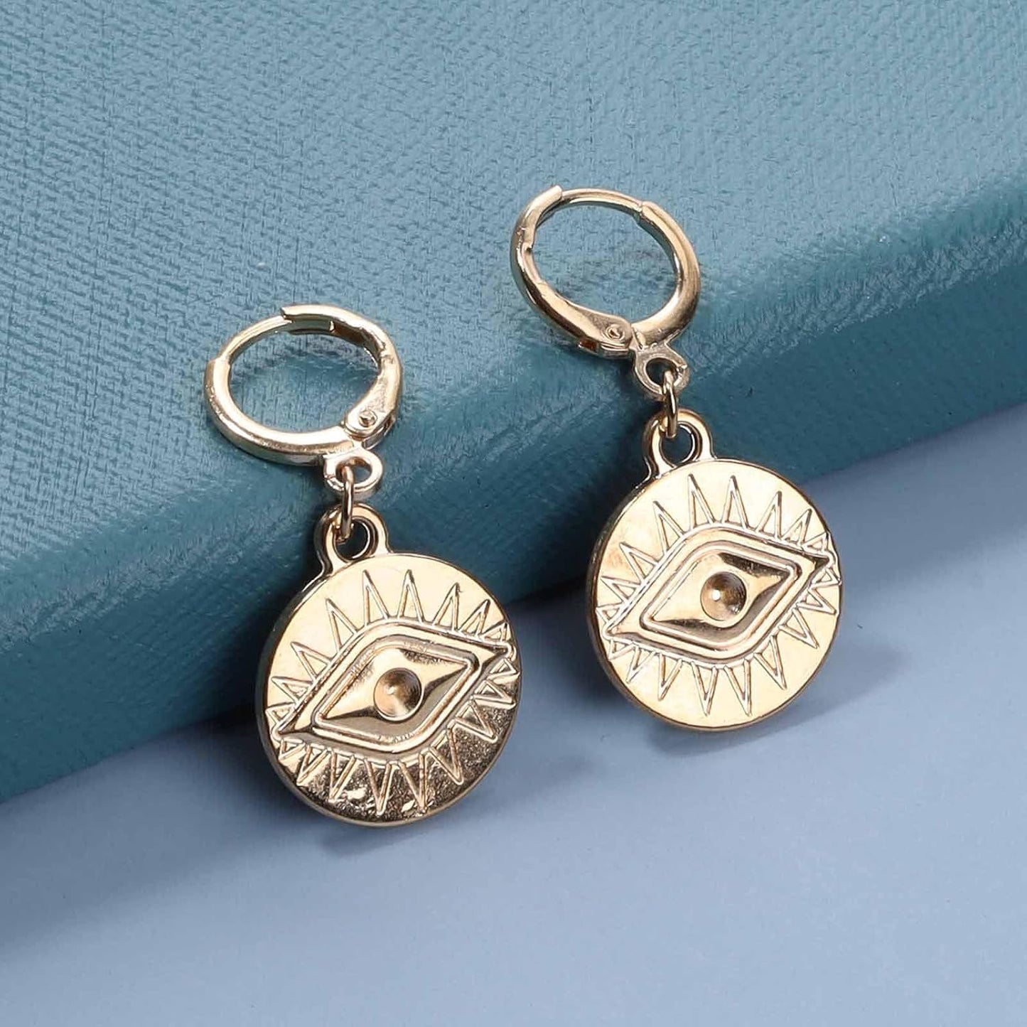 Evil Eye Coin Earrings Gold Disc Drop Earrings Evil Eye Hoop Earrings Vintage Lucky Charm Earrings Jewelry for Women and Girls