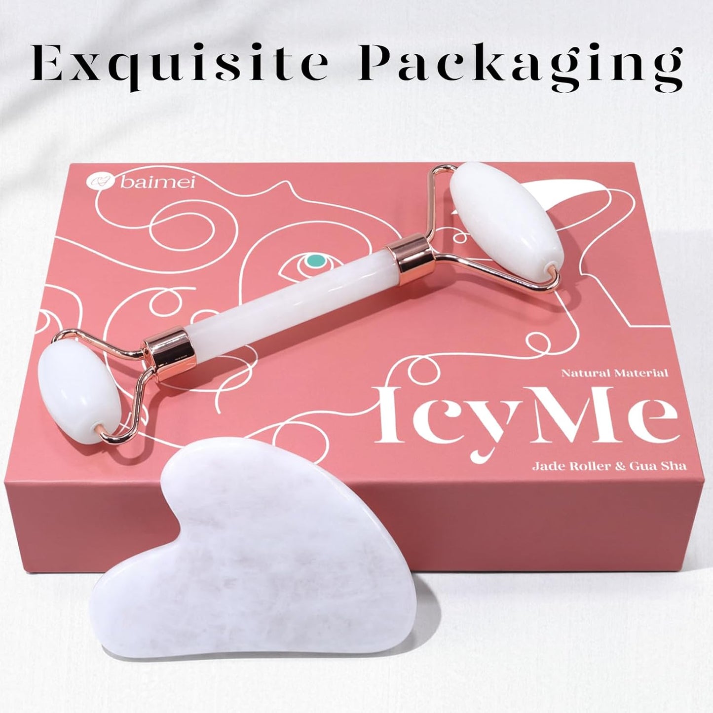 BAIMEI Jade Roller & Gua Sha Set Face Roller and Gua Sha Facial Tools for Skin Care Routine and Puffiness, Self Care Gift for Men Women - White