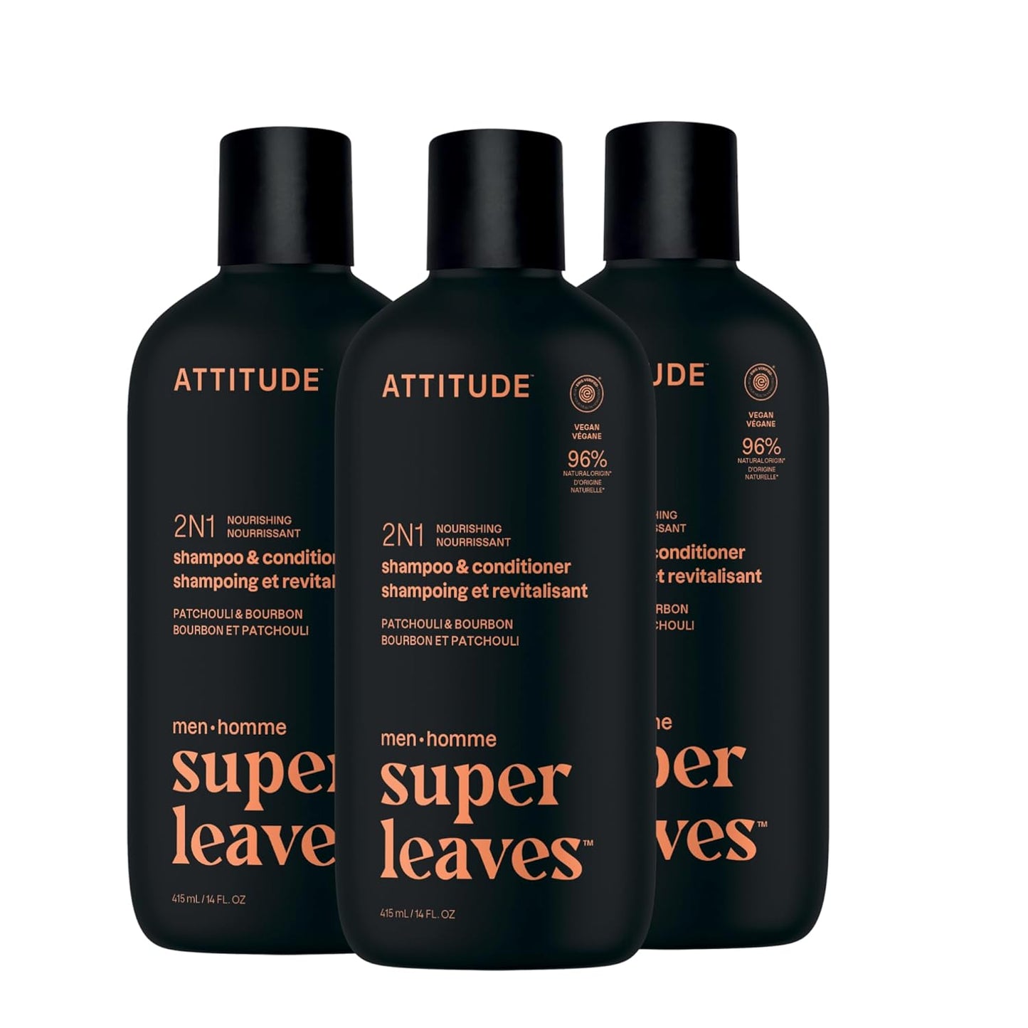 ATTITUDE Men's Shampoo and Conditioner 2-in-1, Nourishing For Dry Hair and Scalp, With Panthenol and Ginseng, 97% Natural Origin Ingredients, EWG Verified, Patchouli & Bourbon, 14 Fl Oz (Pack of 3)