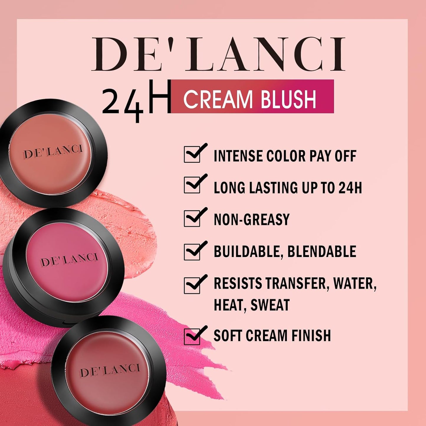 Multi-Purpose Cream Blush for Cheeks & Lip & Eyeshadow, Buildable Lightweight Peach Blush Balm, Ultra Hydrating Cruelty-Free Makeup Blush for Dry/Sensitive Skin, Waterproof Blush, Built-in Brush, Rose