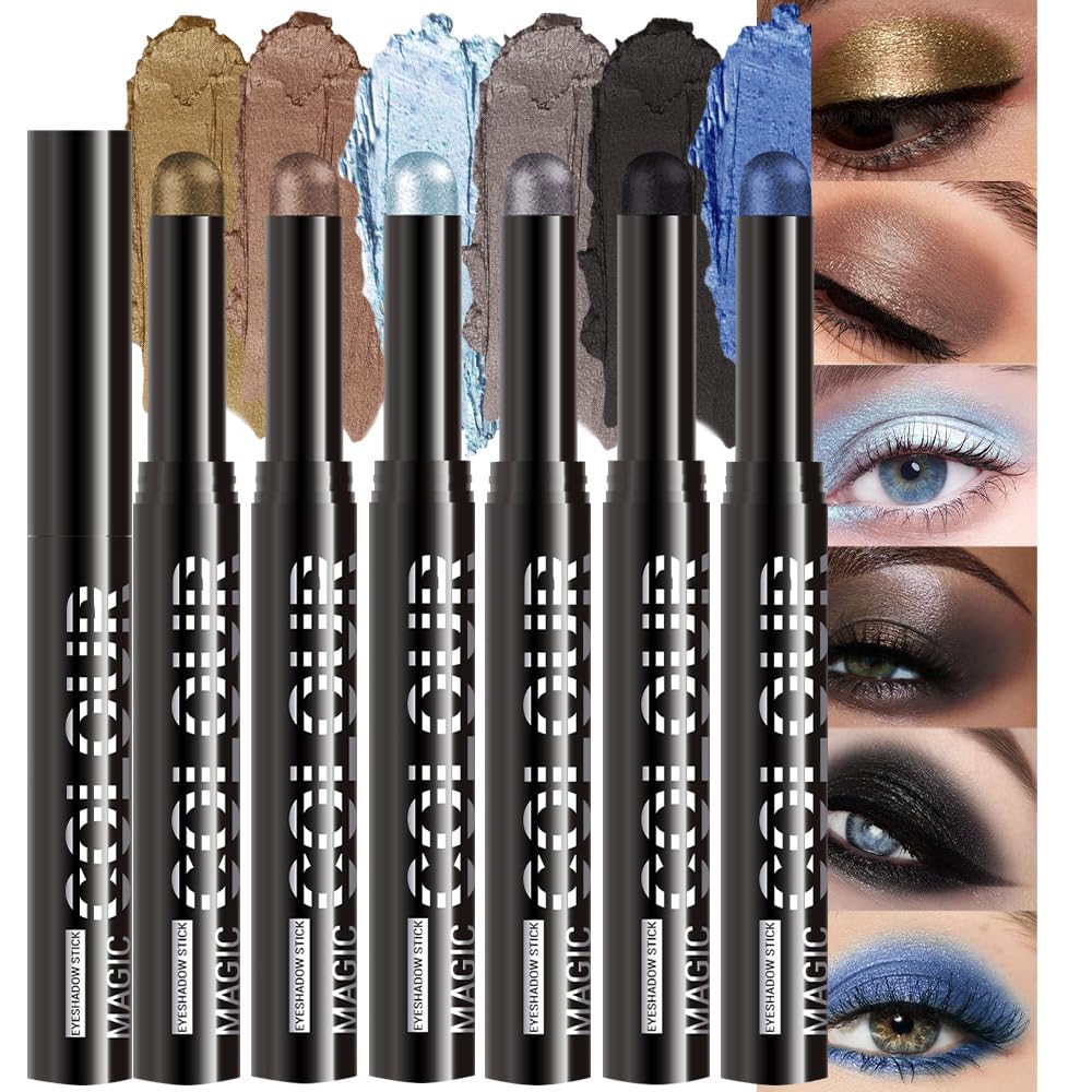 6Pcs Cream Eye Shadow Sticks Makeup for Women, Khaki Mocha Silver Grey Dark Taupe Black Royal Blue Shimmer Matte Eye Shadow Brightener Stick for Eyes, Waterproof Eyeshadow Pencil Set03