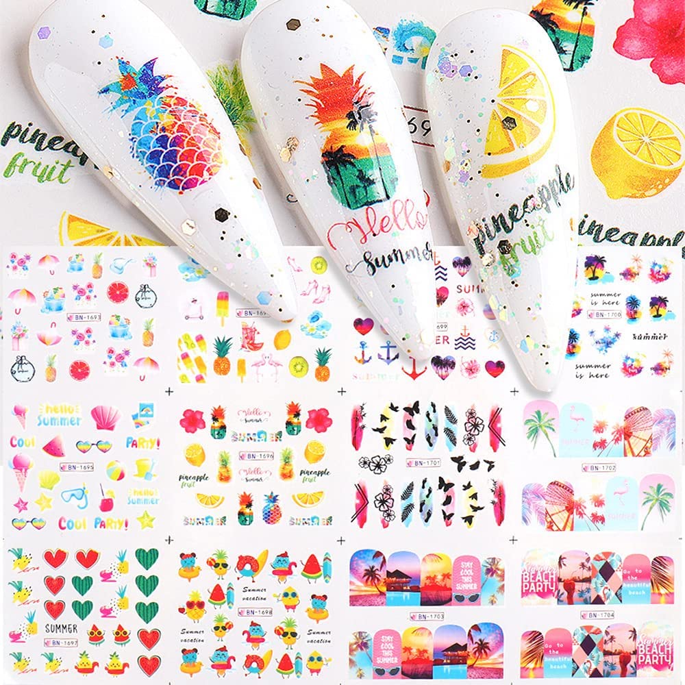ROMODIYA Summer Nail Stickers & Decals, 12 Sheets, Multicolor Fruits & Flamingo Tropical Designs, Water Transfer Nail Decals for Women & Girls, DIY Nail Art Accessories