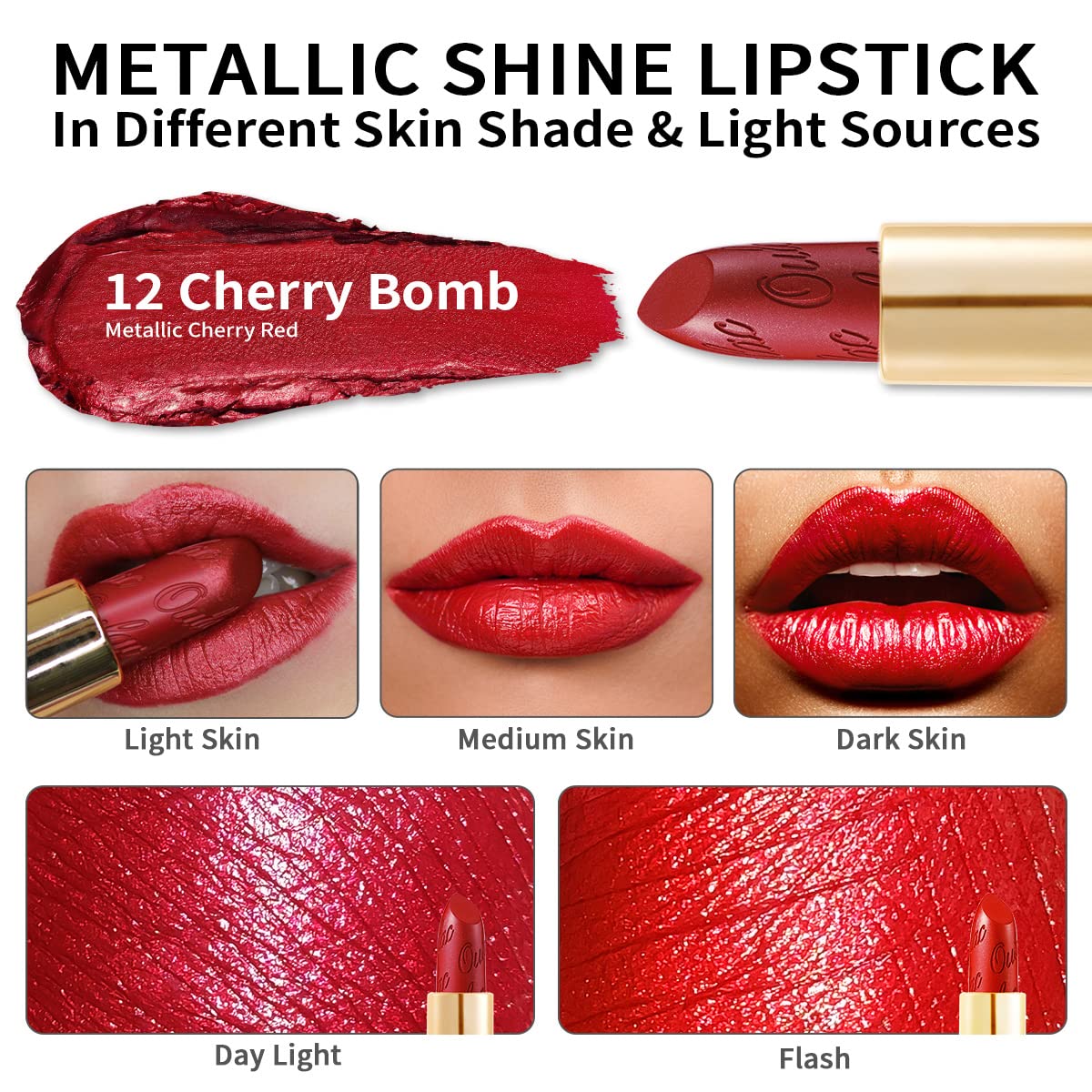 Oulac Red Lipstick Christmas Gifts for Women - Metallic 3D Shine Lightweight Hydrating Formula, High Impact Lip Color, Full Coverage Lip Makeup, Cherry Bomb(12)