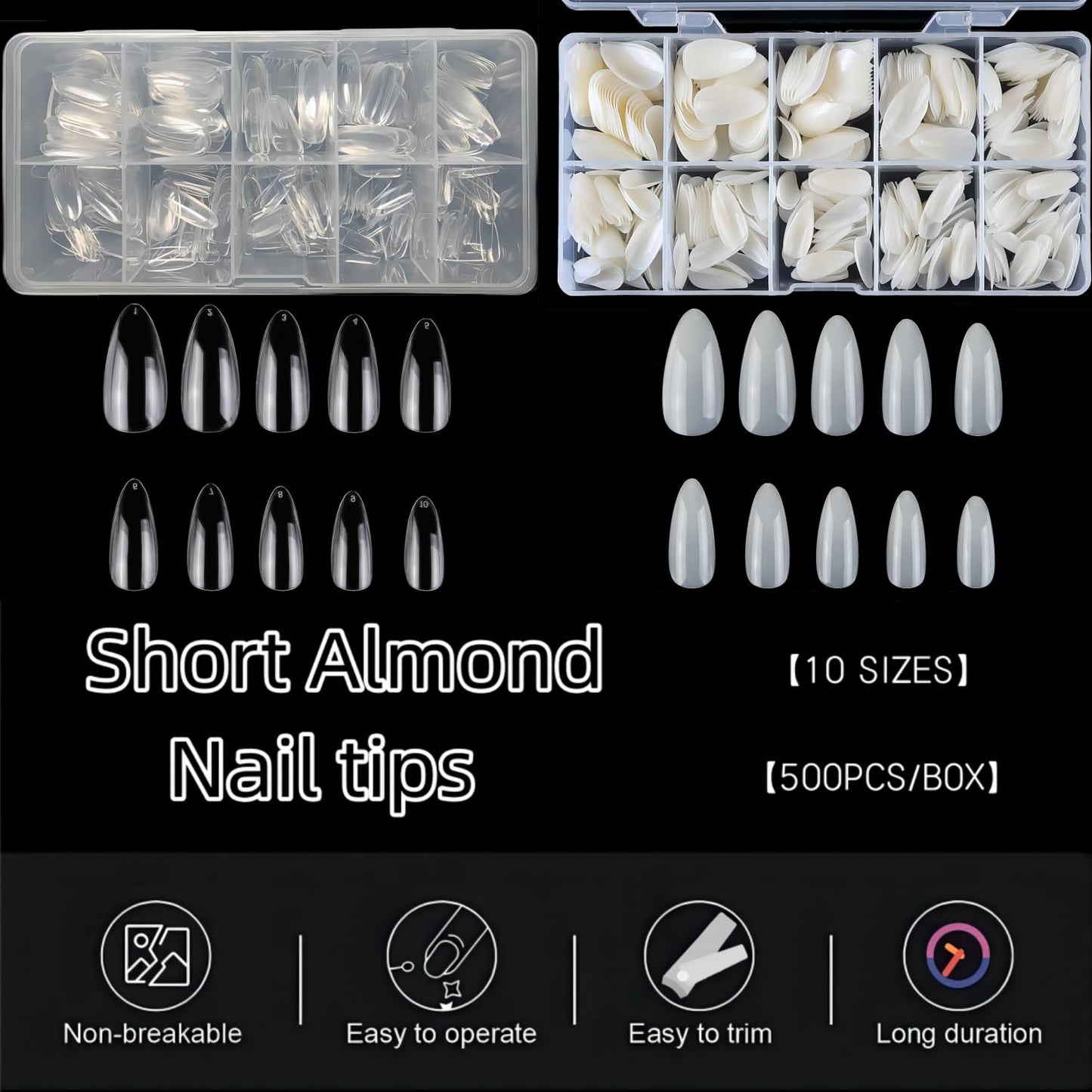 1000PCS Short Almond Nail Tips - Acrylic Nails Tips, ToouYoun 10 Sizes Soft Gel Full Cover Nail Tips with Box for Nail Art Salons and Home DIY