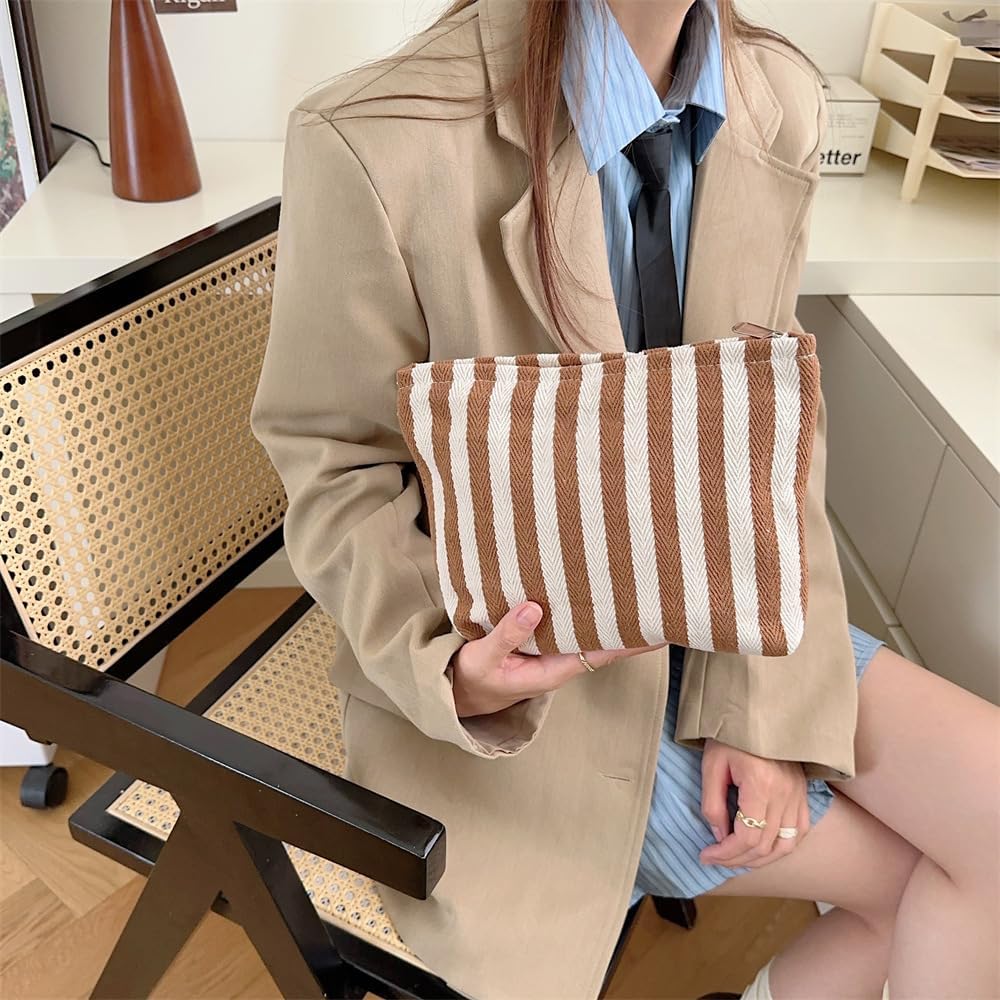 PAZIMIIK Makeup Bag Large Cotton Zipper Pouch for Purse Travel Canvas Make Up Organizer for Women Cosmetic,Stripe Coffee