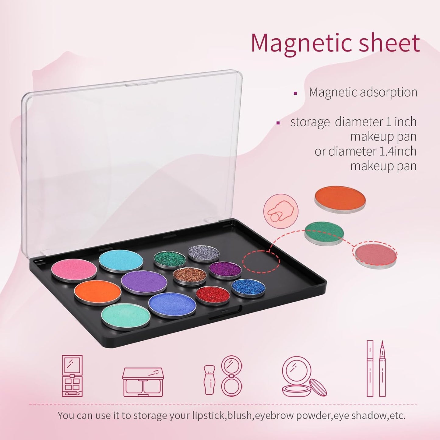 Magnetic Makeup Palette with Clear Top, 3Pack Empty Eyeshadow Pan Dispensing Storage Box with 60Pcs Adhesive Metal Stickers for DIY Cosmetics Lipstick Blush Powder-7.87”X5.51”Palette