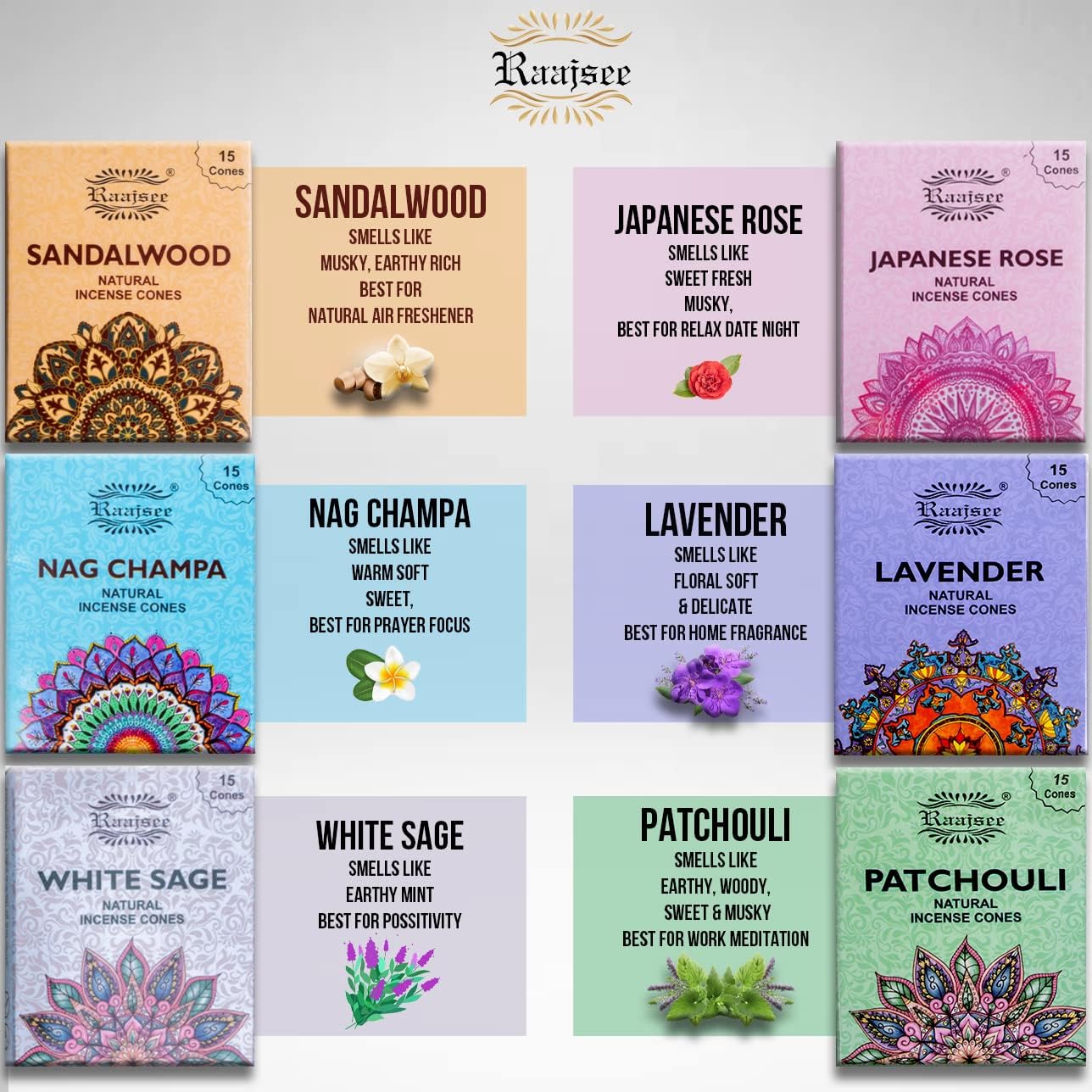 Raajsee Natural Incense Cones,6 Pack Mixed Scents Gift Pack 15 pc Each (90 Total), Insense Cones Variety Pack, 100% Organic Non Toxic Natural - Hand Rolled Free from Chemicals (Pack 1)