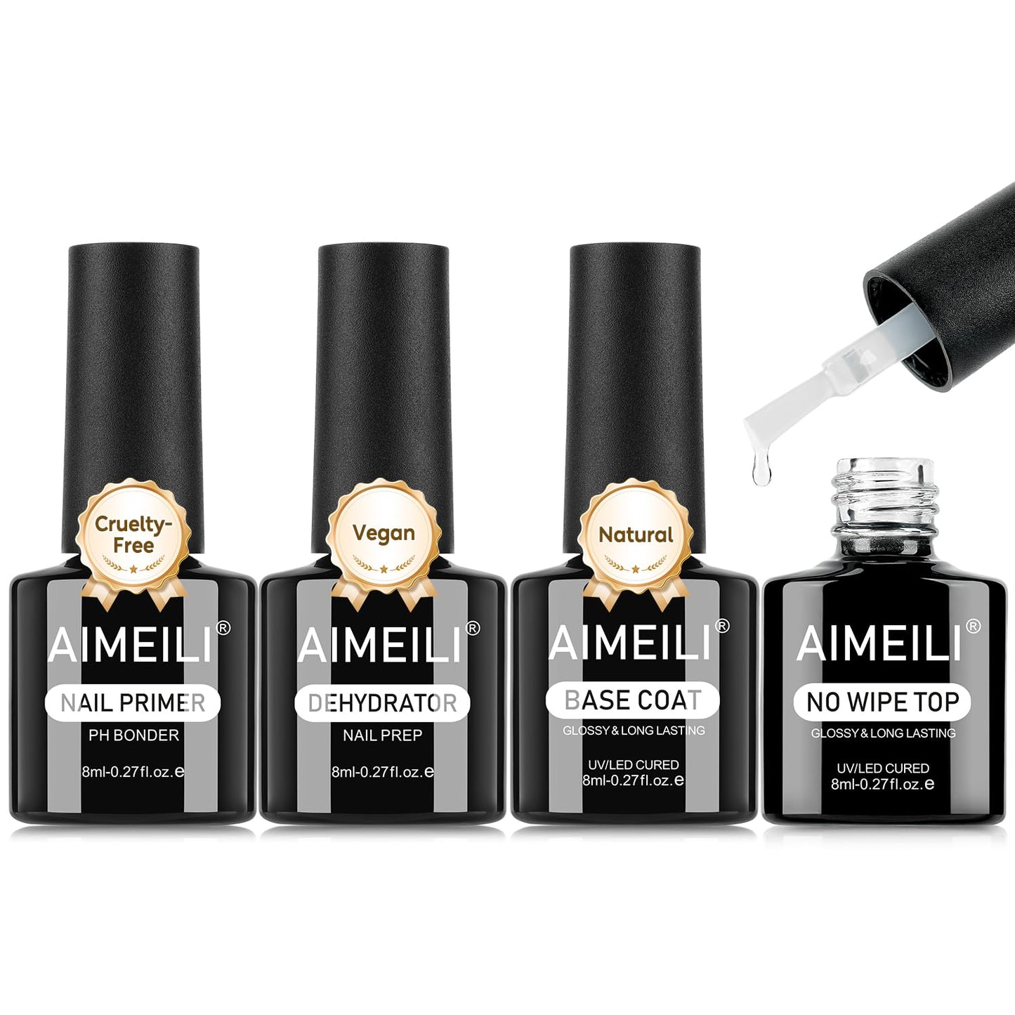 AIMEILI Gel Nail Polish 4pcs, Hema Free, Cruelty Free, Vegan, U V LED Nail Art - Base Coat, No Wipe Top Coat, Nail Dehydrator and Primer
