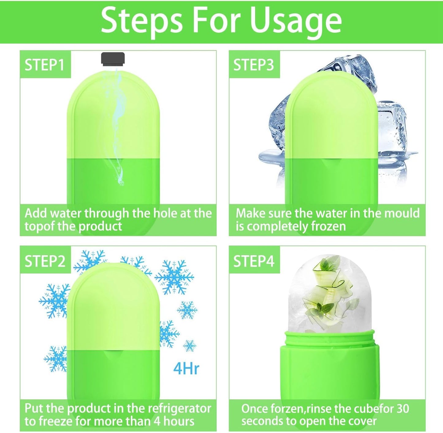 KOGITI Face Ice Roller & Mold - Beauty Facial Massage Tool for Puffiness Relief, Ice Cube Holder (New-Green)