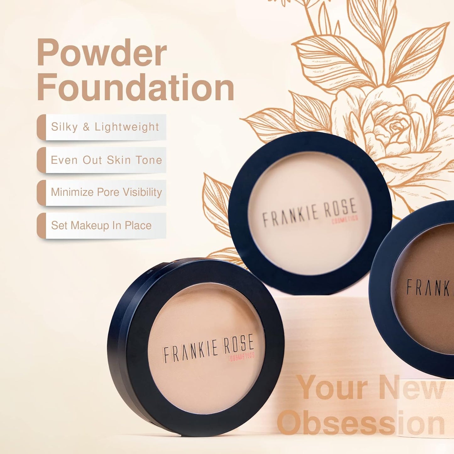 Frankie Rose Cosmetics Powder Foundation – Full Coverage Face Powder For Pores & Imperfections, Evens Out Skin Tone & Shine-Control | 58 Grams (Porcelain)