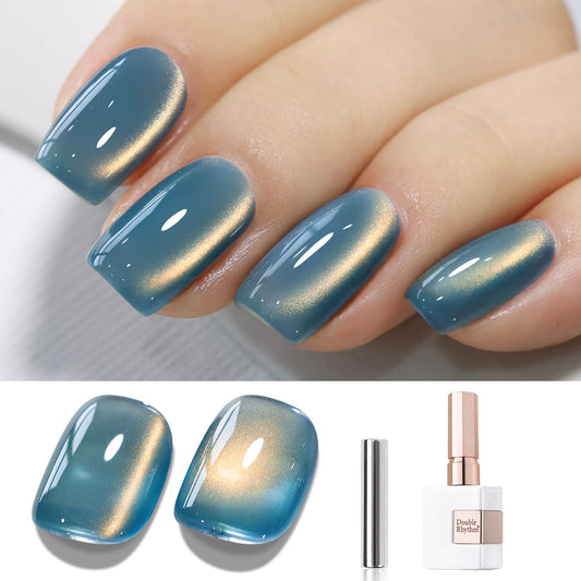 Double Rhythm 15ML Ice Glass Cat Eye Gel Polish with Magnet Holographic Glitter Shimmer Translucent Sheer Color Salon Soak Off Magnetic Nail at Home (SKy Teal-MC1132)