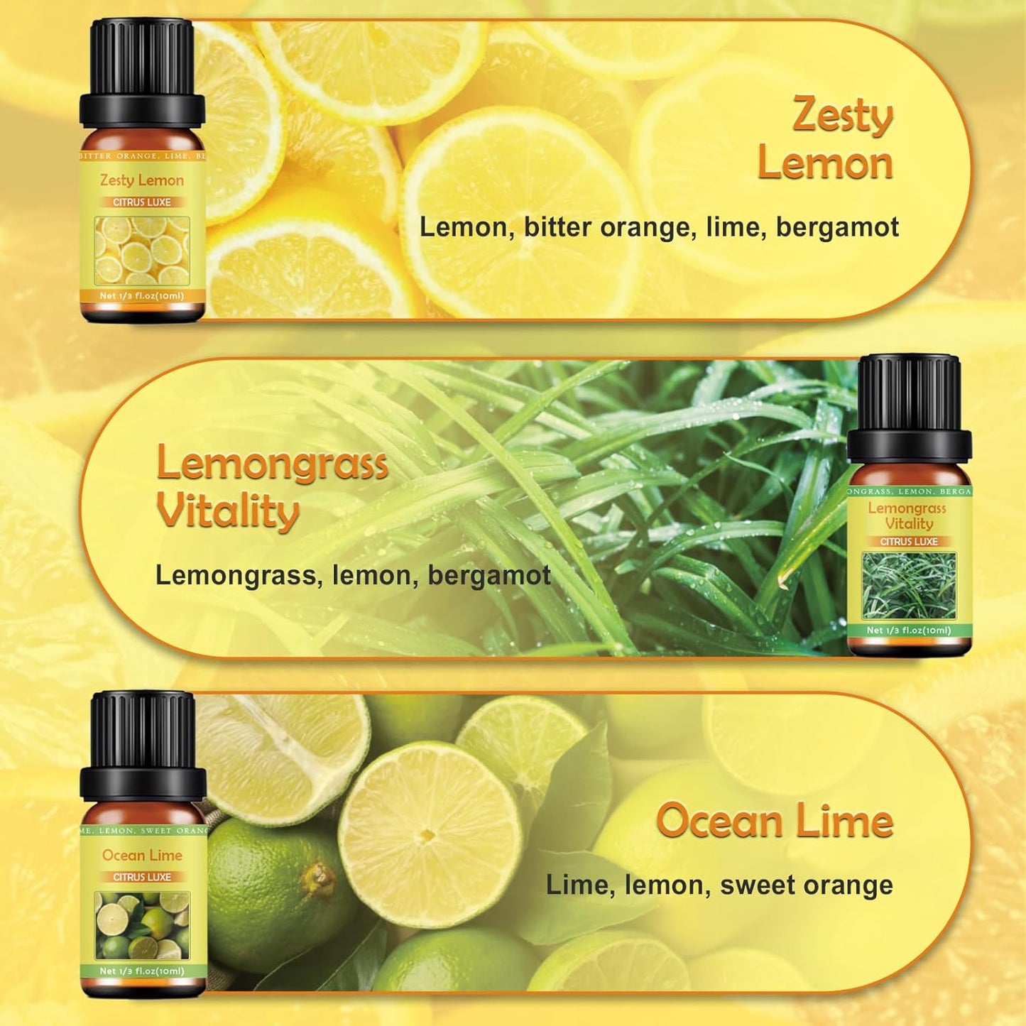 Citrus Essential Oils Set for Diffuser - 6x10ml Aromatherapy Oils Including Bergamot, Lemon, Grapefruit, Lime, Lemongrass, and Citrus Bloom - Essential Oils for Diffuser Use at Home or Office