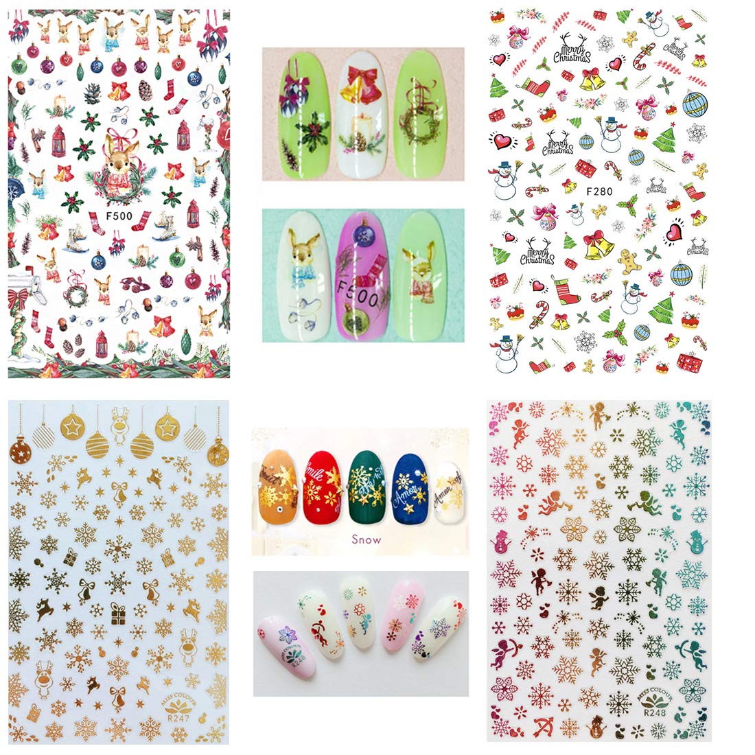1000 Patterns Christmas nail art sticker decals, Kalolary Self-Adhesive Nail Stickers Santa Claus Snowflake Snowman Christmas Bell Tree Stick Elk for Christams Nail Decoration Gift(12 Sheets)