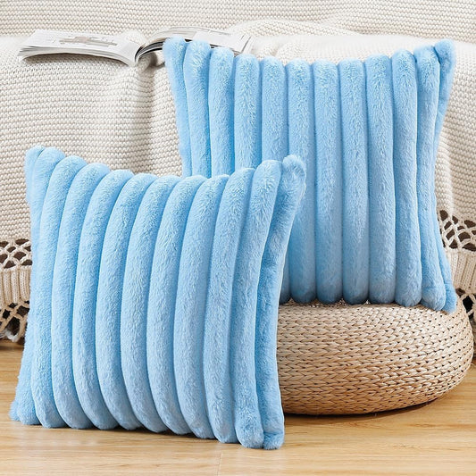 MADIZZ Set of 2 Faux Wool Plush Decorative Throw Pillow Covers 18x18 Inch Light Blue Fluffy Striped Soft Decorative Cushion Cover for Sofa Bedroom Pillow Shell