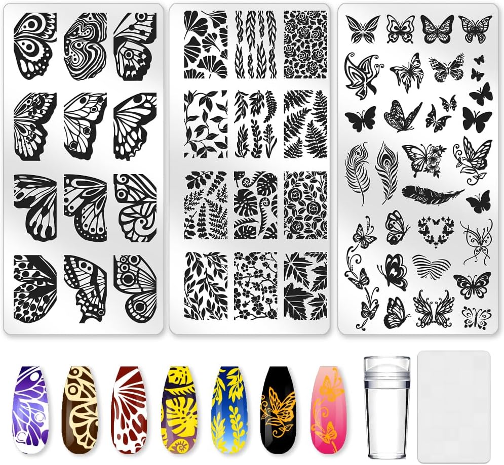3Pcs Butterfly Nail Stamping Plate Set Floral Ginkgo Maple Leaves Stainless Steel Nail Stamp Templates Clear Silicone Nails Stamping with Stamper Scraper for Manicure Printing
