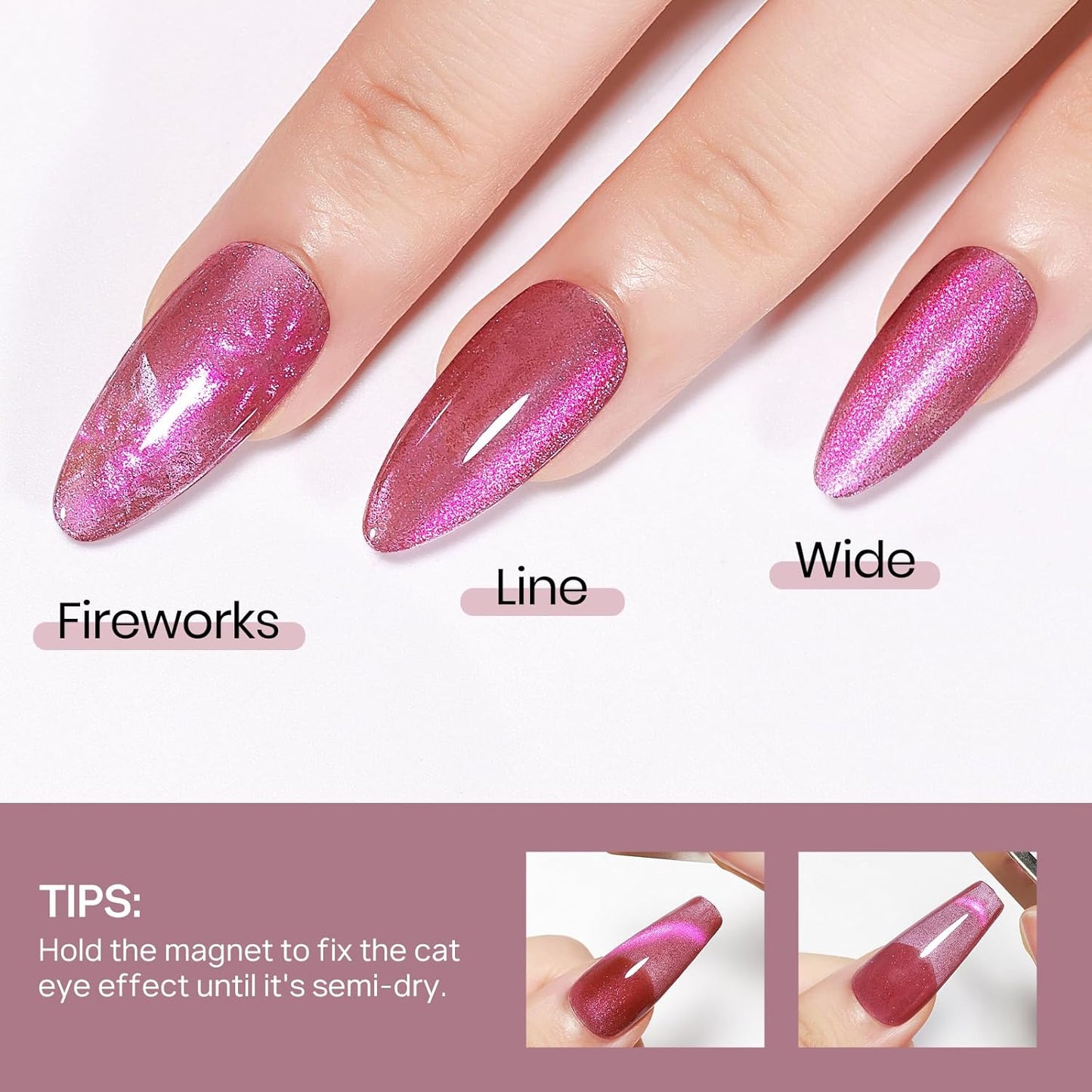 MIZHSE Quick Dry Cat Eye Nail Polish, Shimmery Pink Magnetic Nail Polish with Magnet, Air Drying Fast 15ml Plum Sauce Color Cateye Nail Lacquer for Women Girls Non-Gel Nail Art Manicure DIY Home