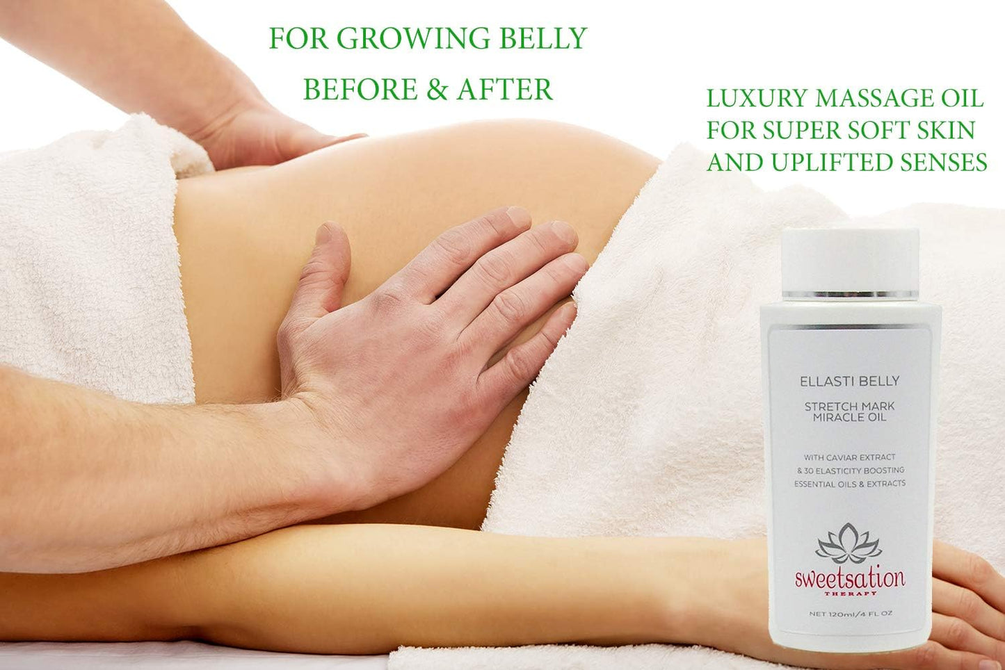 Sweetsation Therapy- Organic EllastiBelly Stretch Mark Miracle Oil, 4oz. Stretch Marks Prevention in Pregnancy With Omega 3,6,9, Vitamins,Amino Acids, 30+ Extracts to Boost Elasticity