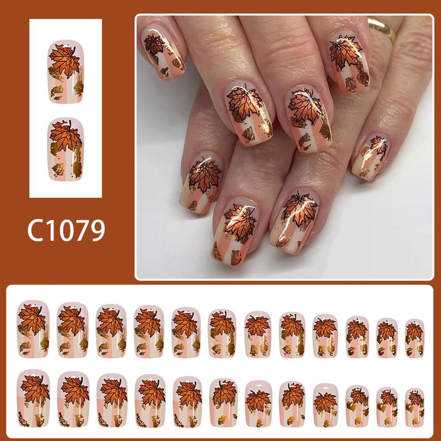 Gold Foil Maple Leaf Press on Nails Medium Square Fall Maple Leaves Fake Nails Glossy Thanksgiving Acrylic Glue on Nail Autumn Stripe Stick on Nail for Women DIY Manicure