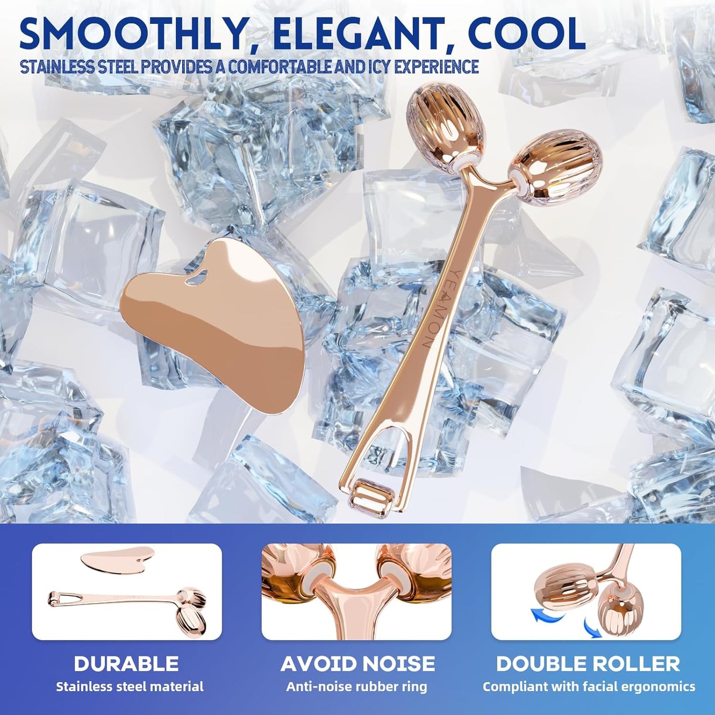 Yeamon Gua Sha Facial Tools and Face Roller Set, Facial Massage Tool for Women’s Skincare Routine,Cooling Stainless Steel Face Sculpting Eyes Roller Guasha for Daily Use or Self-Care Gift for Women