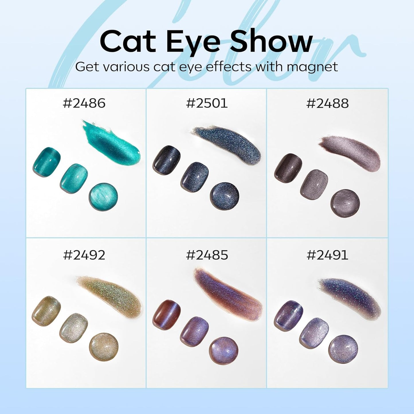 modelones Cat Eye Gel Nail Polish Set, 6 Colors Fall Winter Holographic 9D Glassy Cat Eye Glitter Gel Polish Set Black Blue Purple Green Nail Polish Kit with Magnet Soak Off LED Nail Art DIY Gift