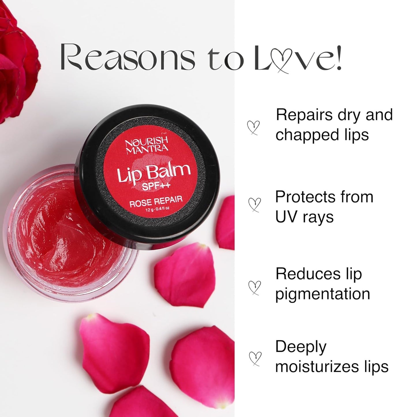 Nourish Mantra Rose Repair Lip Balm with SPF | Made with Rose Extracts, Olive oil, Shea Butter, Vitamin E & Avocado Oil | For Dry, Chapped and Dark Lips | Best for Both Women and Men | 12g