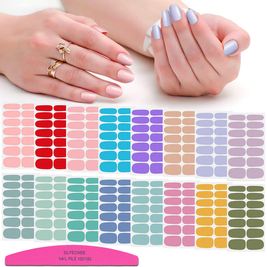 SILPECWEE 224 Pieces 16 Sheets Nail Polish Strips Solid Color Adhesive Nail Stickers Full Nail Wraps for Women Gel Nails Strips Manicure Decals with File (Candy Color)