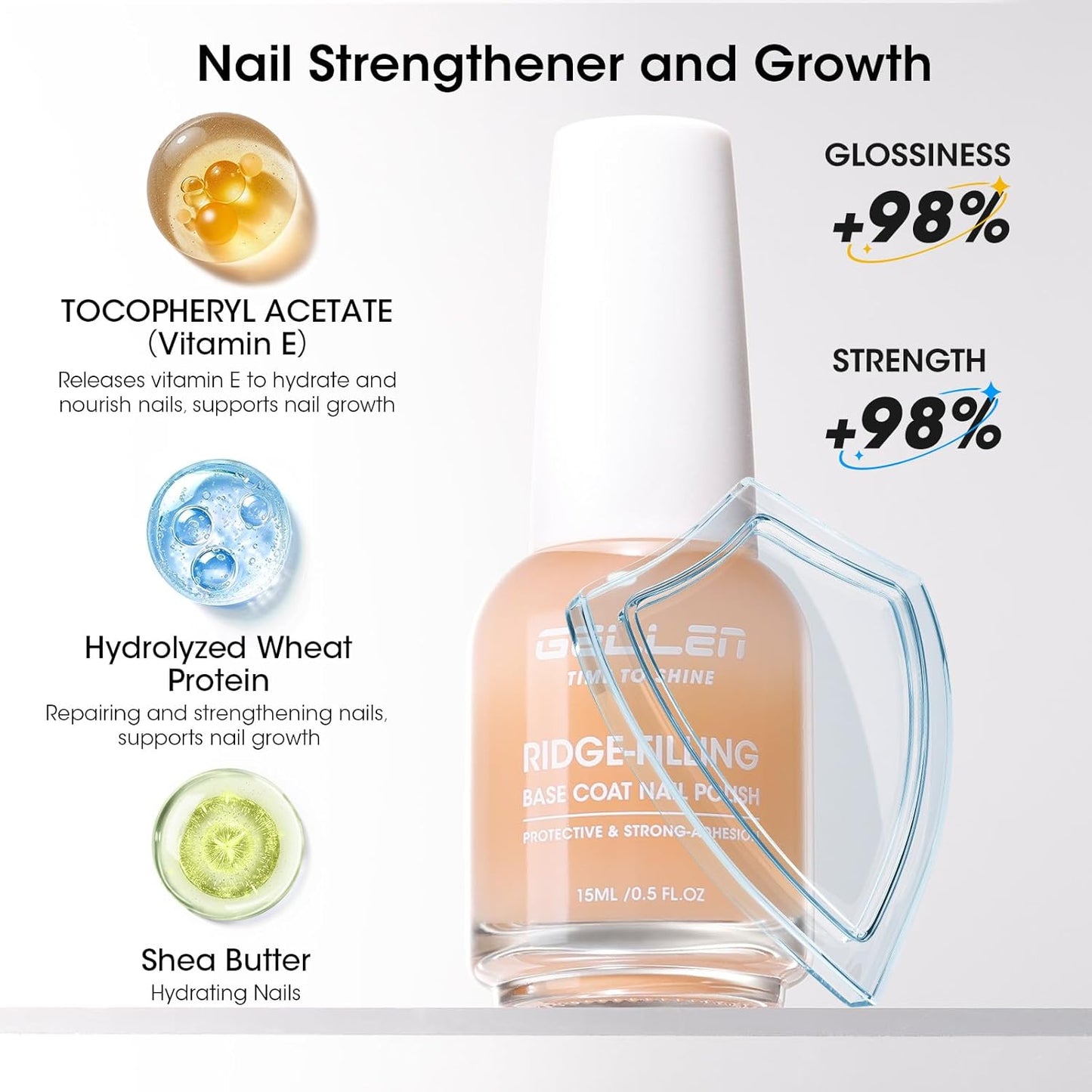 GELLEN Clear Nail Polish Ridge Filling Base Coat, Nail Strengthener and Growth, Ridge Filler For Nails, Hydrate Strengthen Nourish Damaged Dry Natural Nails, Shea Butter & Vitamin E & Protein Formula