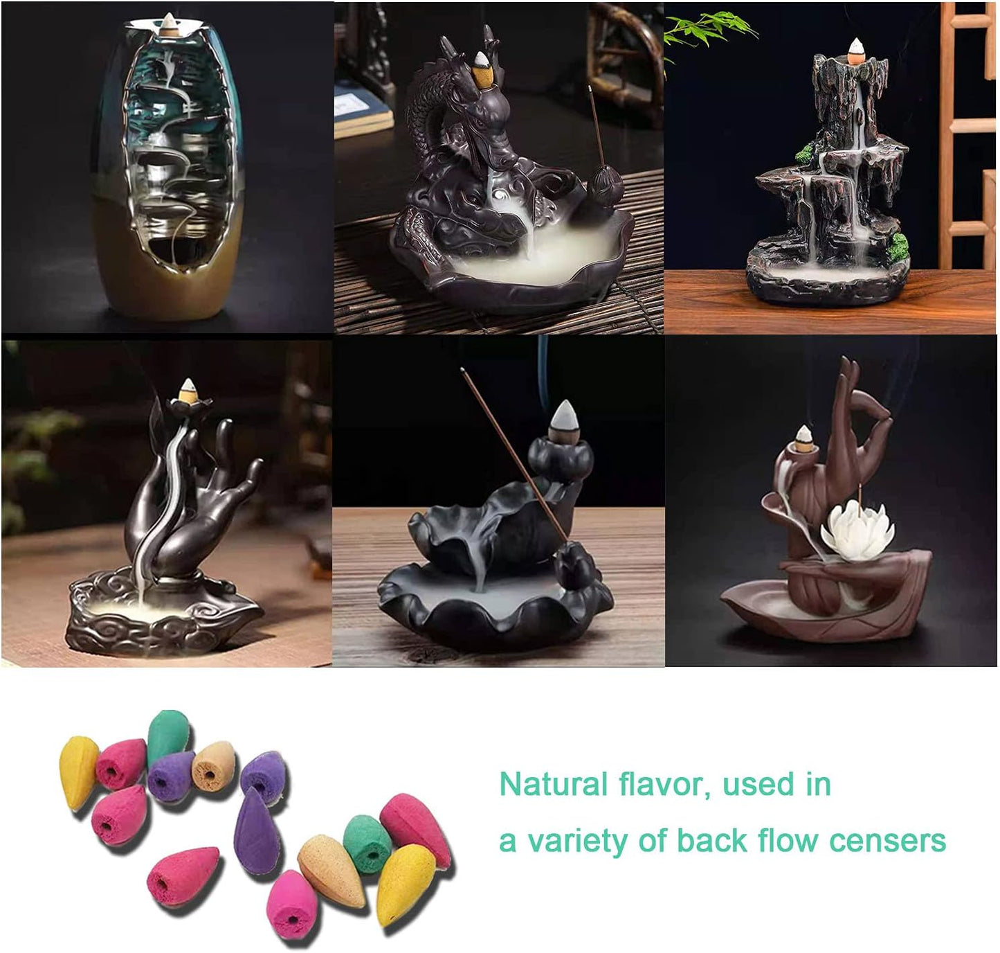 600 pcs Backflow Incense Cones for Waterfall Mixed Natural Scents Cone Incense for Meditation Relax in 2 Bottles