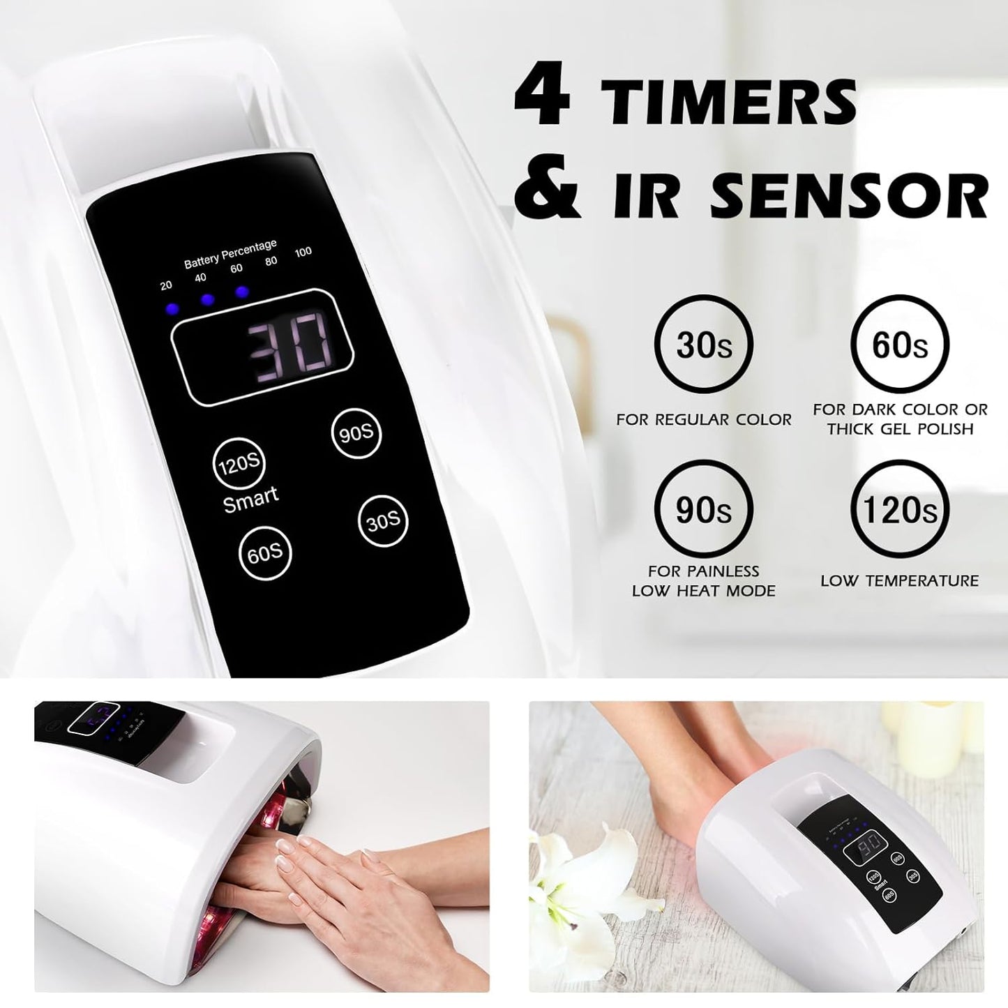 90W Professional Wireless Cordless Rechargeable UV LED Nail Lamp,Nail Lamp Gel Nail Curing Dryer Light for Nails with 45 Beads,4 Timer Setting LCD Display Nail Polish Machine (White)
