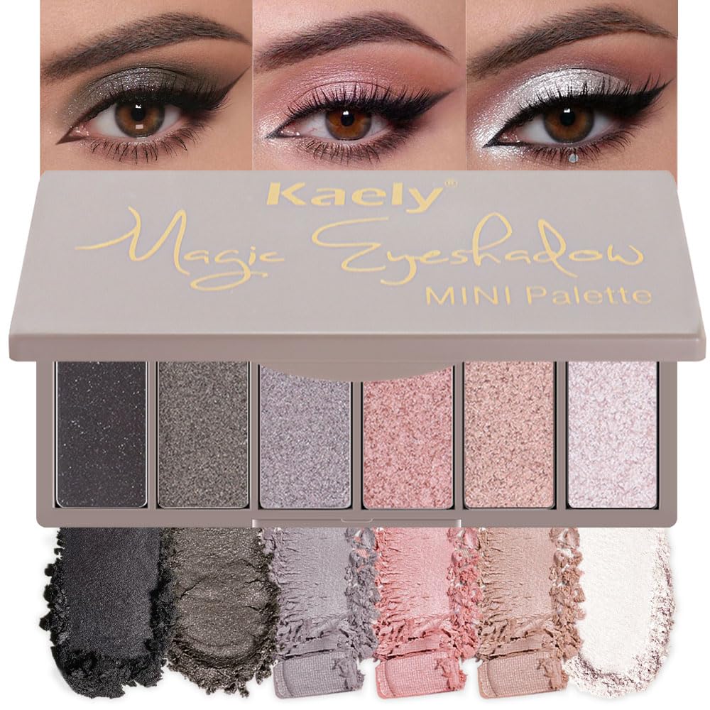 6 Colors Travel Eye Shadow Palette Makeup, Black Dark Smoky Grey Nude Pink Rose Champagne Gold Pearl White Sparkly Shimmer Glitter High Pigment Mini Eyeshadow Palette for Older Women, Built in Mirror