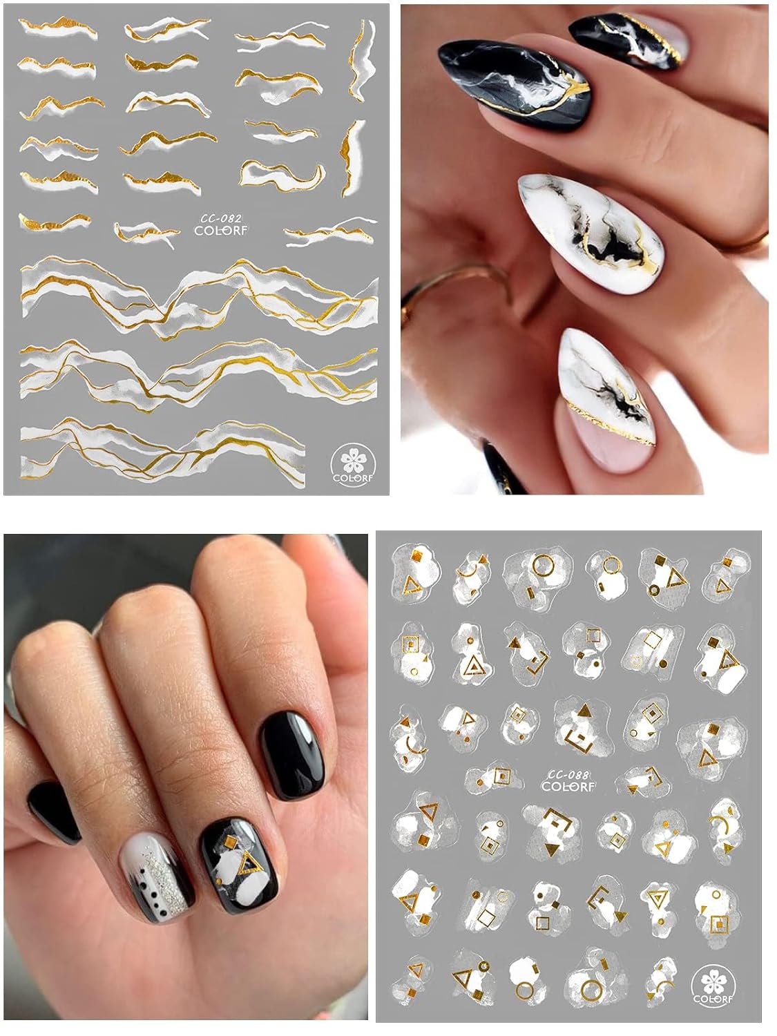 12 Sheets Nail Art Stickers Decals,TOROKOM Self-Adhesive White Black Gold Stripe Line Nail Decals Marble Wave Nail Sticker Supplies for 3D Nail Design Nail Accessories for Women French Nail Decoration
