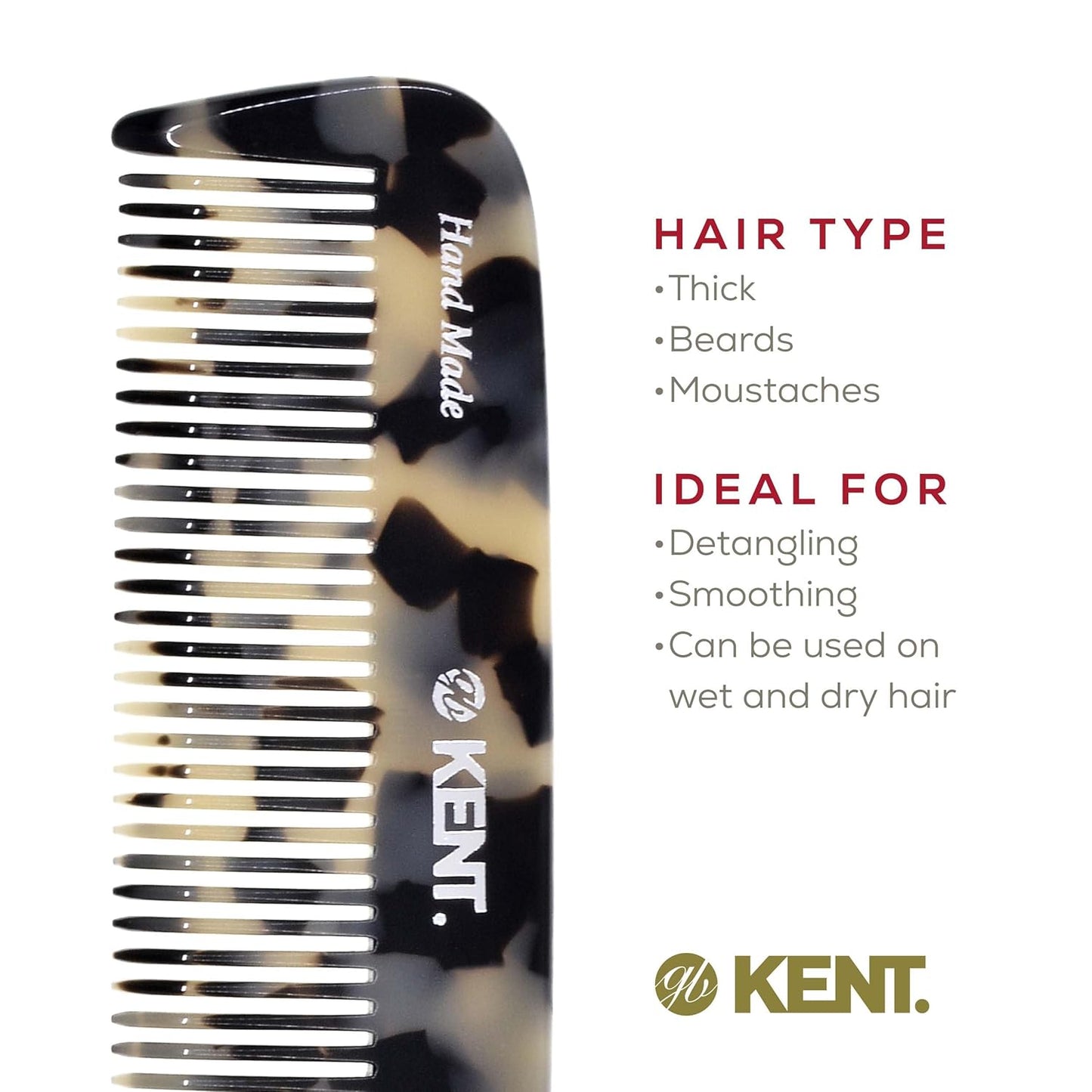 Kent 12T TW Wide Tooth Detangling Comb - Handmade Pocket Comb for Thick, Curly, and Wavy Hair, Grooming Beard and Mustache