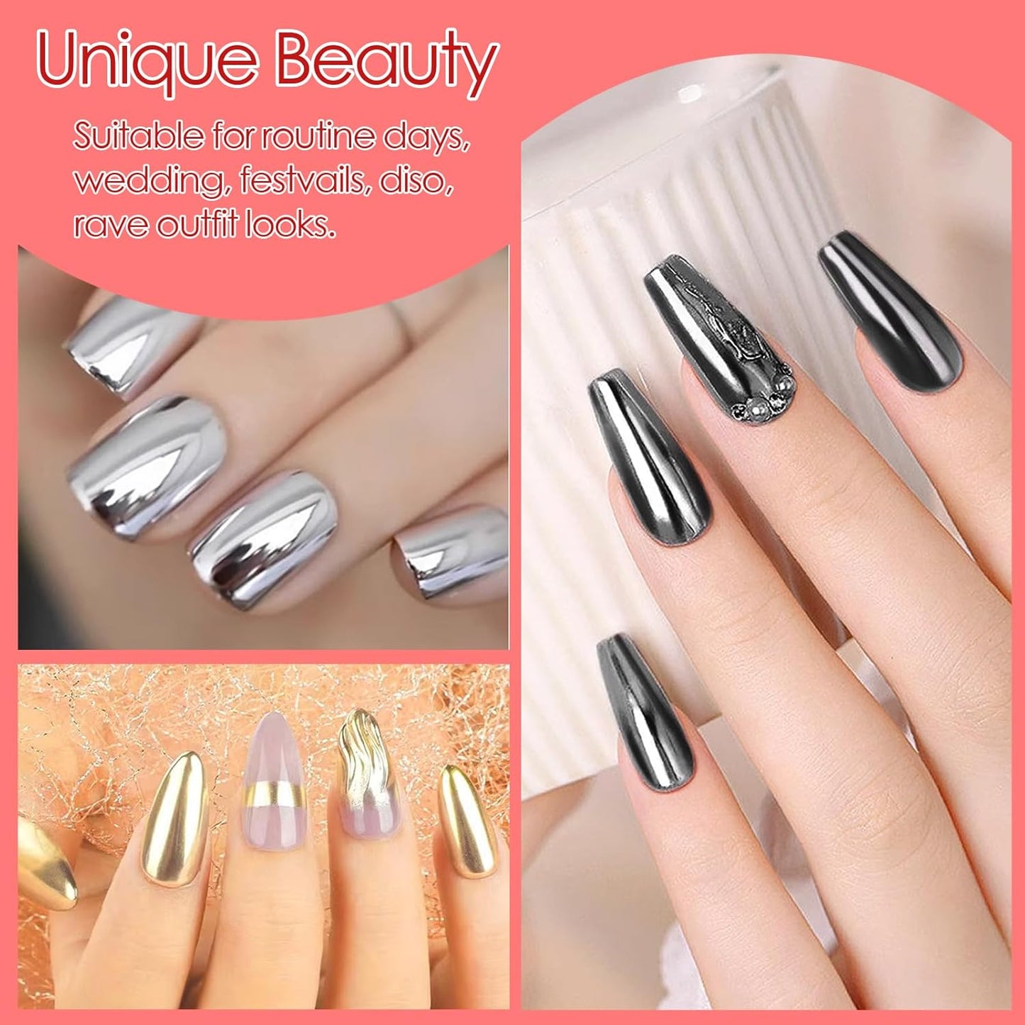 Allstarry Chrome Nail Powder, Metallic Mirror Effect Pigment Chrome Holographic Nail Glitter Magic Unicorn Glitter Dust Kit for Manicure Valentines Nail Art Decoration- Pink Silver Grey Series