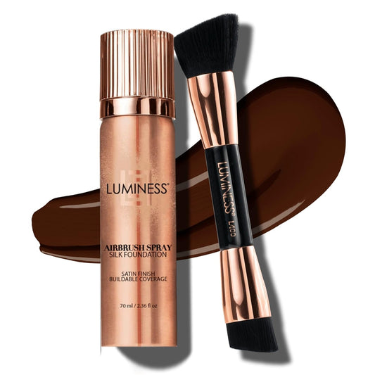 LUMINESS Silk Airbrush Spray Foundation & Buffing Brush Kit – Full Coverage Foundation & Dual-Sided Buffing Brush - Buildable Coverage, Anti-Aging Formula Hydrates & Moisturizes (Shade - Light Rich)