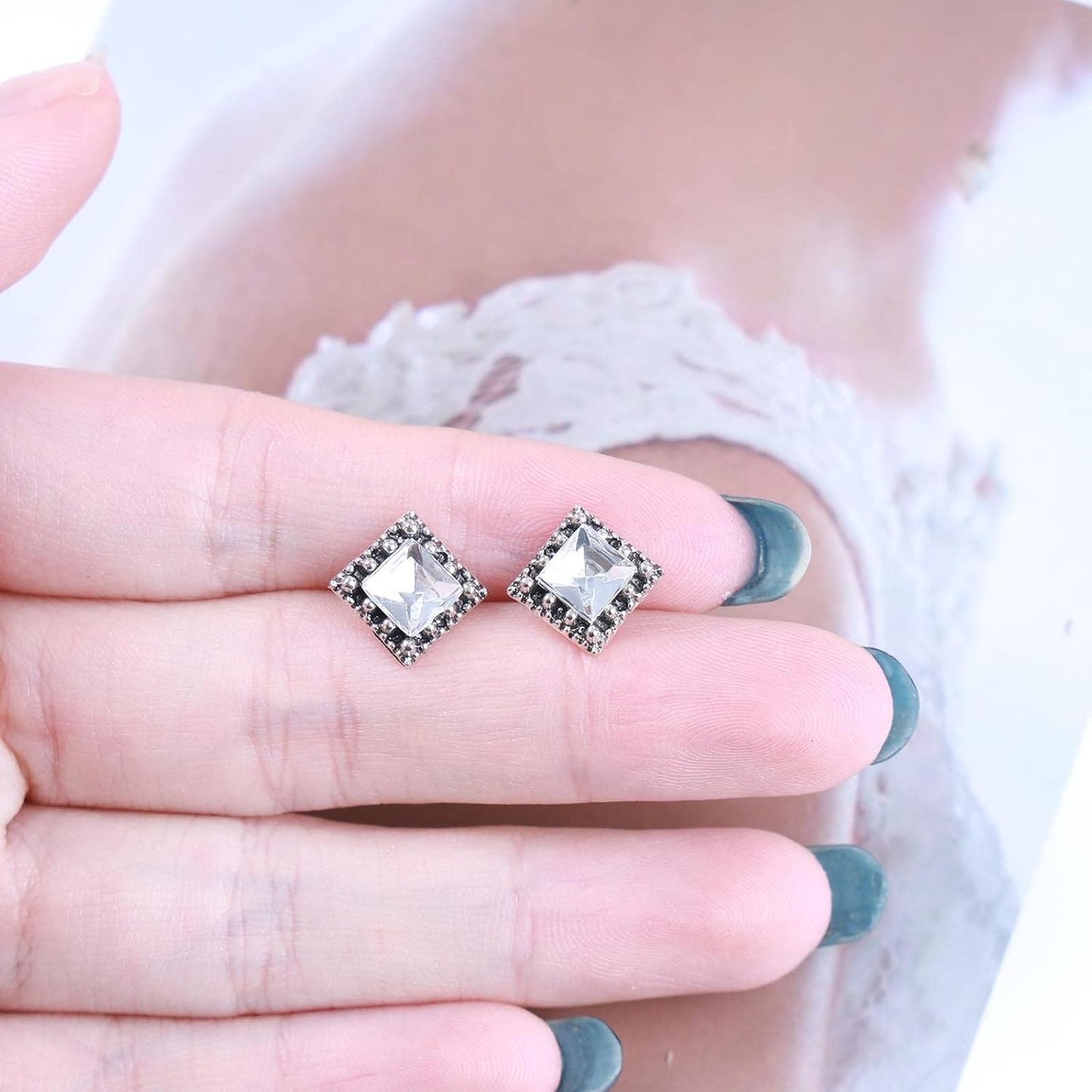 Boho Tiny Crystal Square Earrings Silver Cz Square Earrings Cz Rhinestone Square Stud Earrings Silver Geometric Earrings Jewelry for Women and Girls