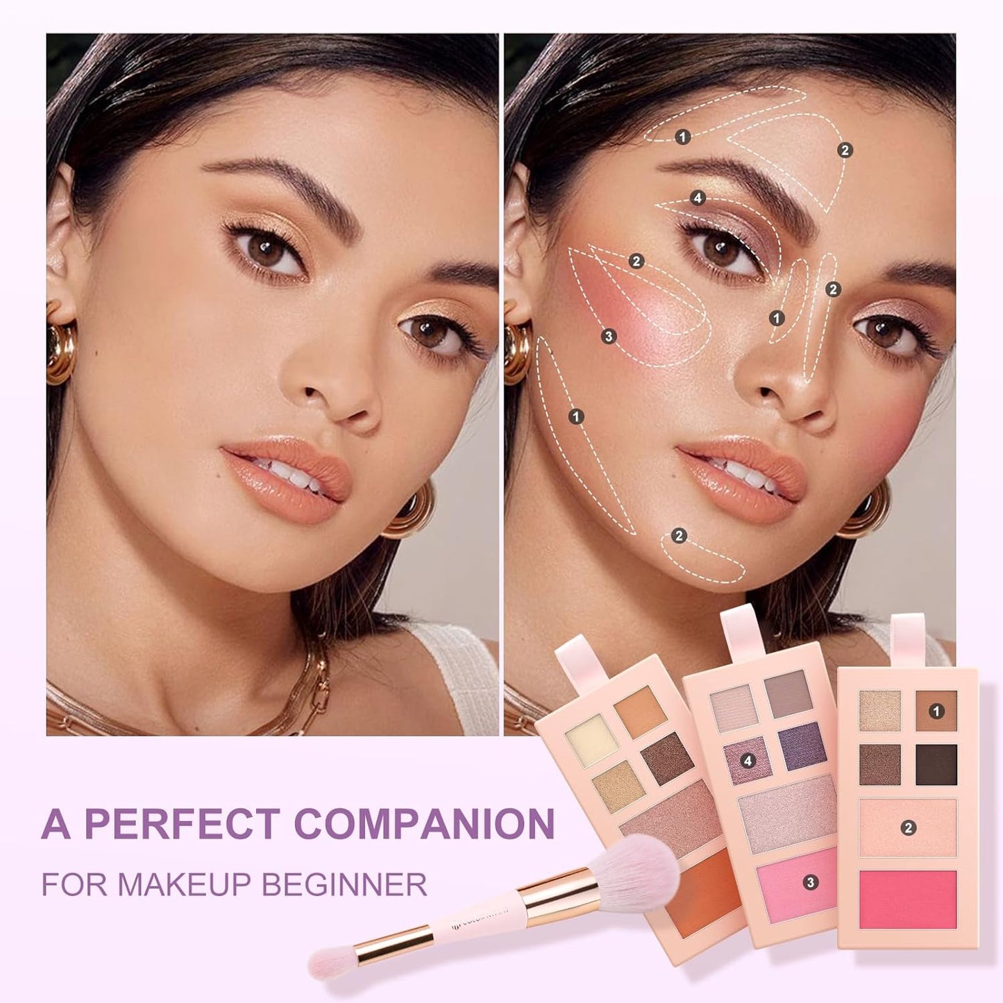 Color Nymph Small Makeup Palette Set for Face | Cosmetics Gift Set for Women & Girls | 12 Colors Eyeshadow, Blush, Highlighter, Contour Powder, Lip Gloss & Brush Kit | Travel-Friendly (Purple)