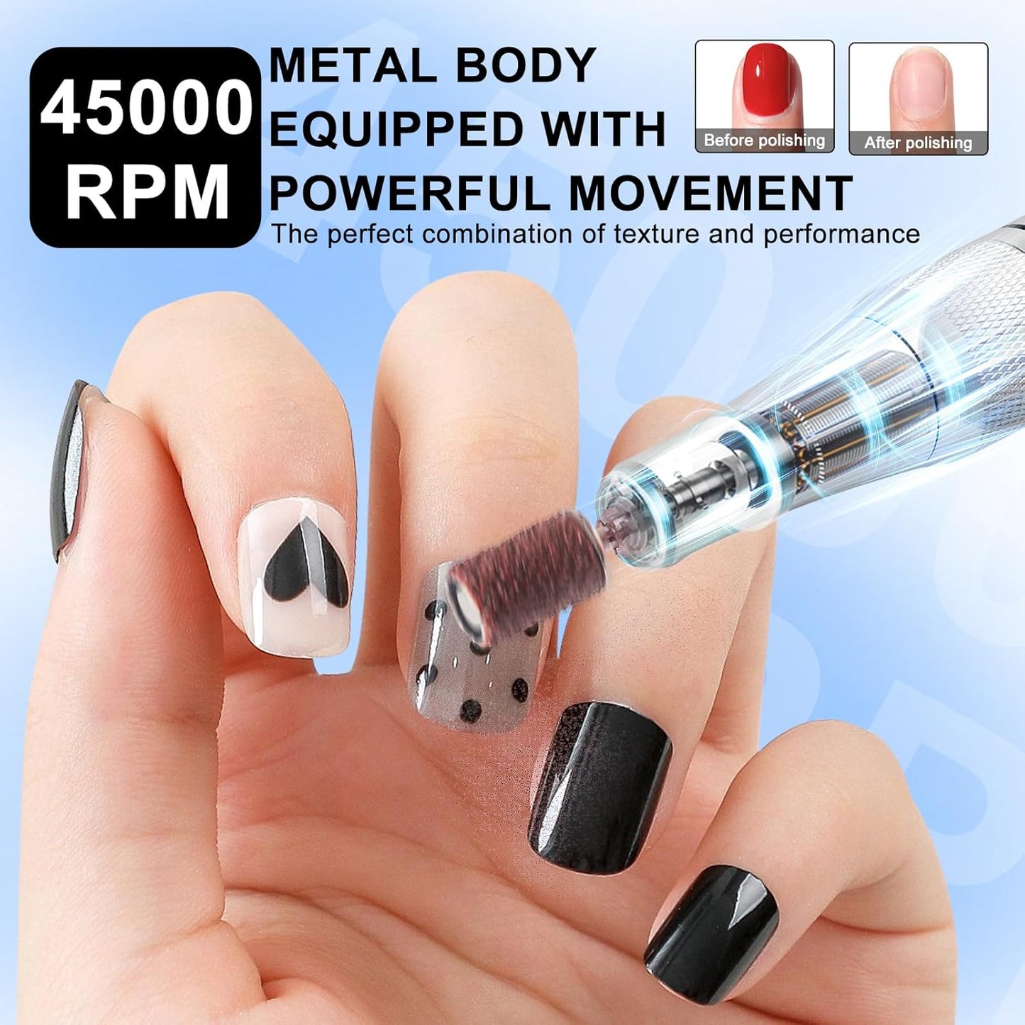 Professional Electric Cordless Nail Drill File:Glitter Portable Cordless E-File Nail Drill Kit with13 Drill Bits 45000RPM Rechargeable Nail Drills Machine for Acrylic Nails Gel Polishing (White)